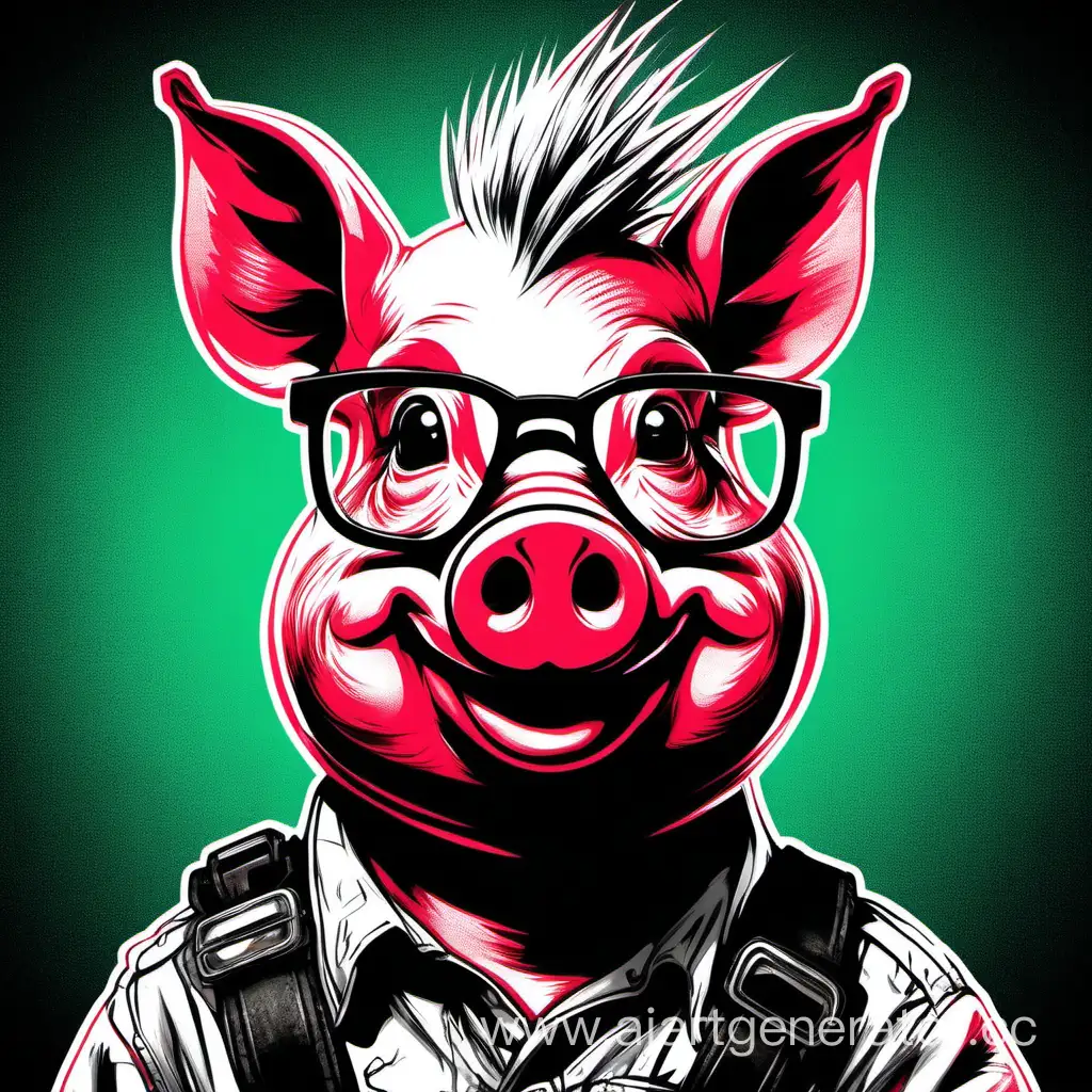 Свинья в очках и ирокезом улыбается фон в стиле гиперпанка