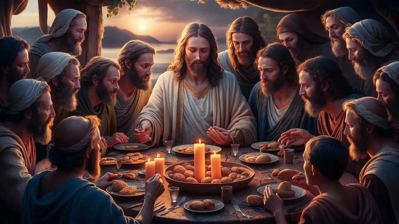 Resurrected Jesus Dining with Disciples Joyful Fellowship with Bread and Fish