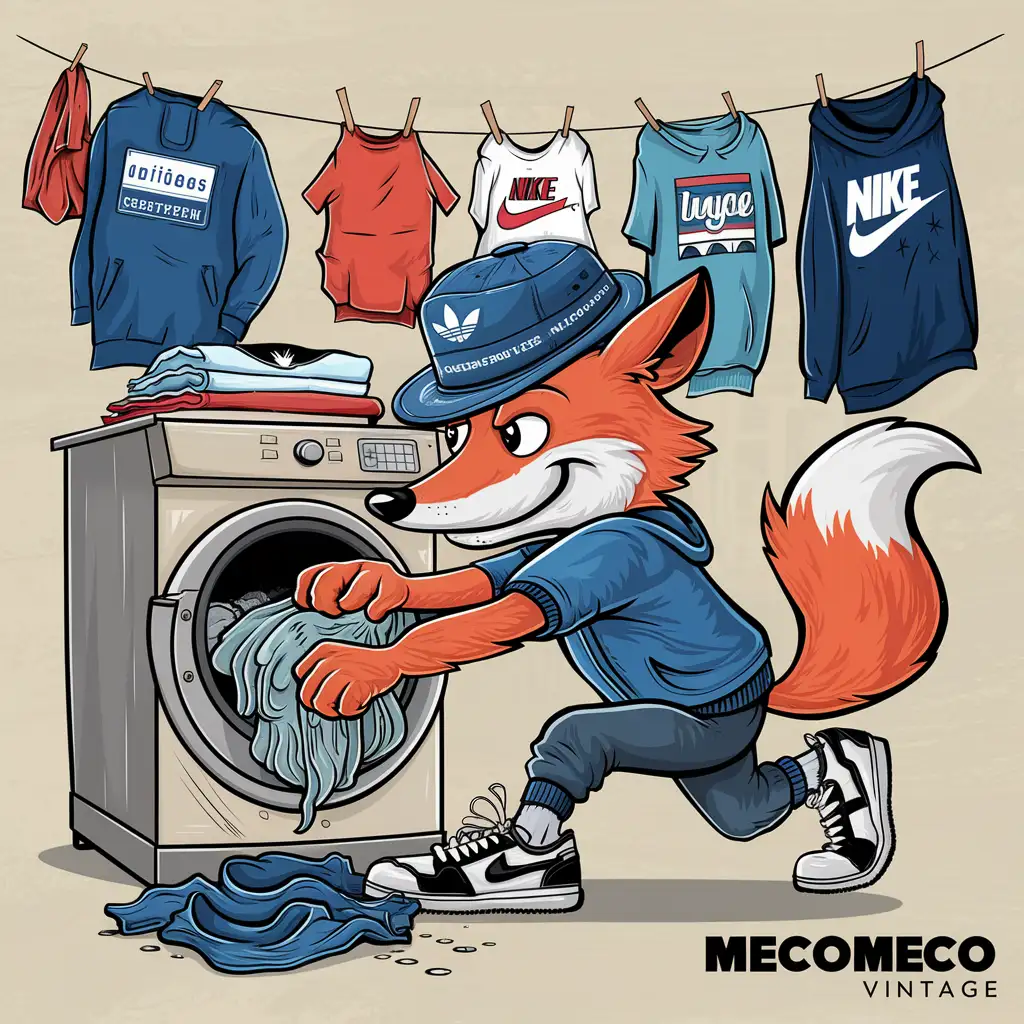 I need this image for a post on my instagram page. My instagram page is of my online shop named "MecoMeco Vintage". In my shop I sell branded vintage streetwear clothing such as adidas and Nike. This post is about clothes that are dirty with dust and I want to show that my items are clean compared to others. I want there to be a fox in motion, dressed in streetwear clothes, especially with a vintage hat. The fox must be in a laundry washing clothes.  The fox must be stylized as a cartoon. The image must arouse a clean feeling for those who see it. 