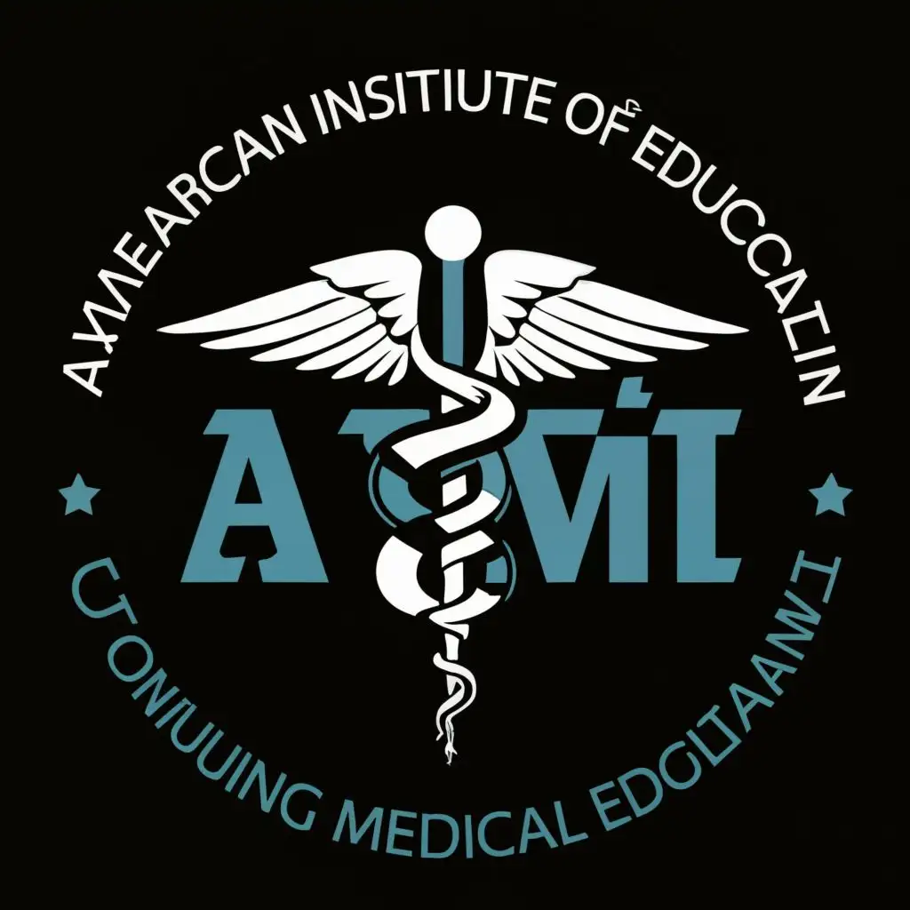 logo, caduceus with medical symbol with intertwined serpents and wings with an open book, with the text "AIM 
AMERICAN INSTITUTE OF EDUCATION
CME
Continuing Medical Education", typography, be used in Medical Dental industry