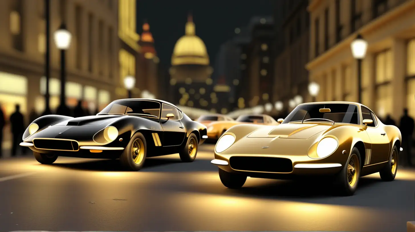 outline of vintage sports cars racing in the city, in at night, from profile, gold and black