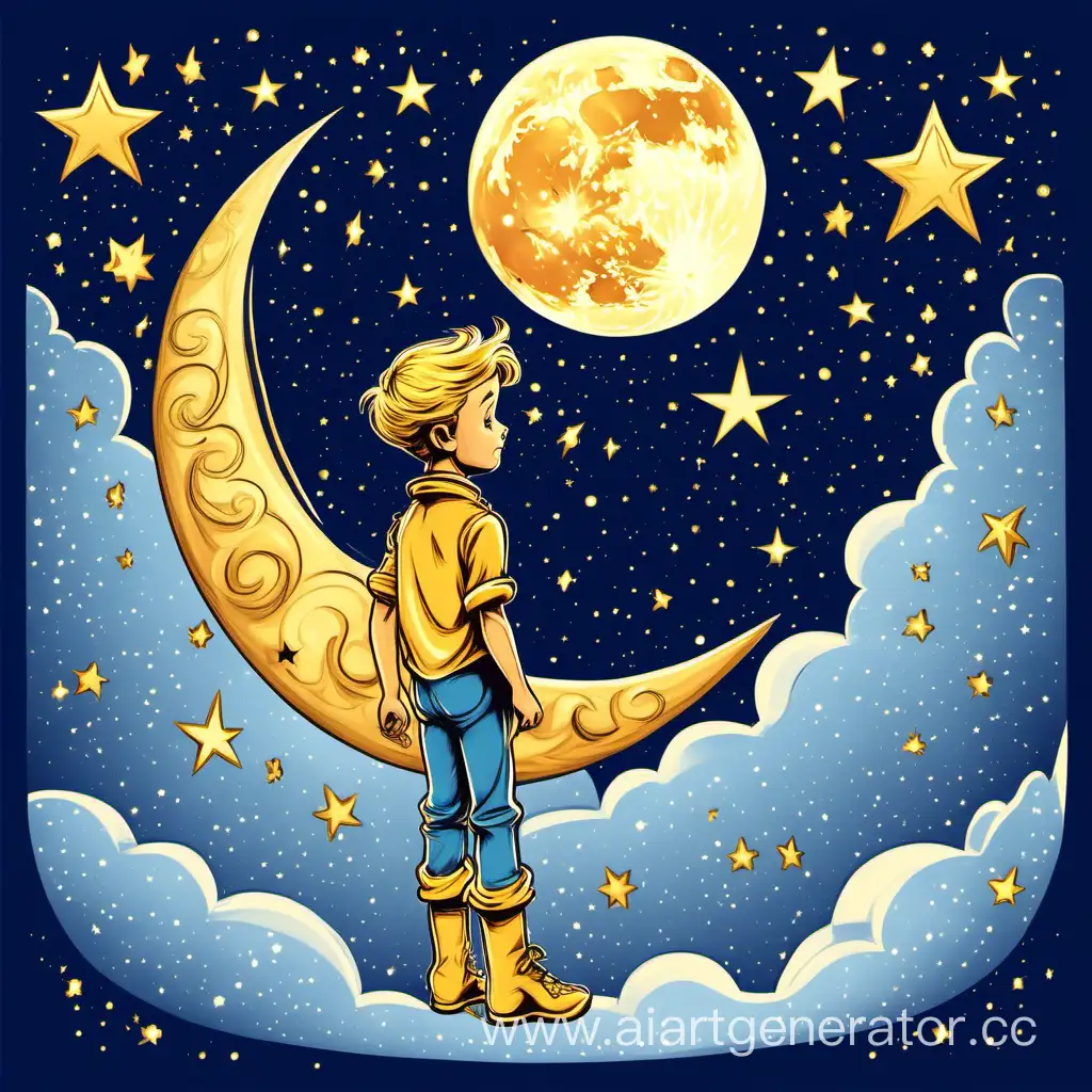 Create an illustration of a little prince, a boy standing on the moon and looking at the stars in the Disney style