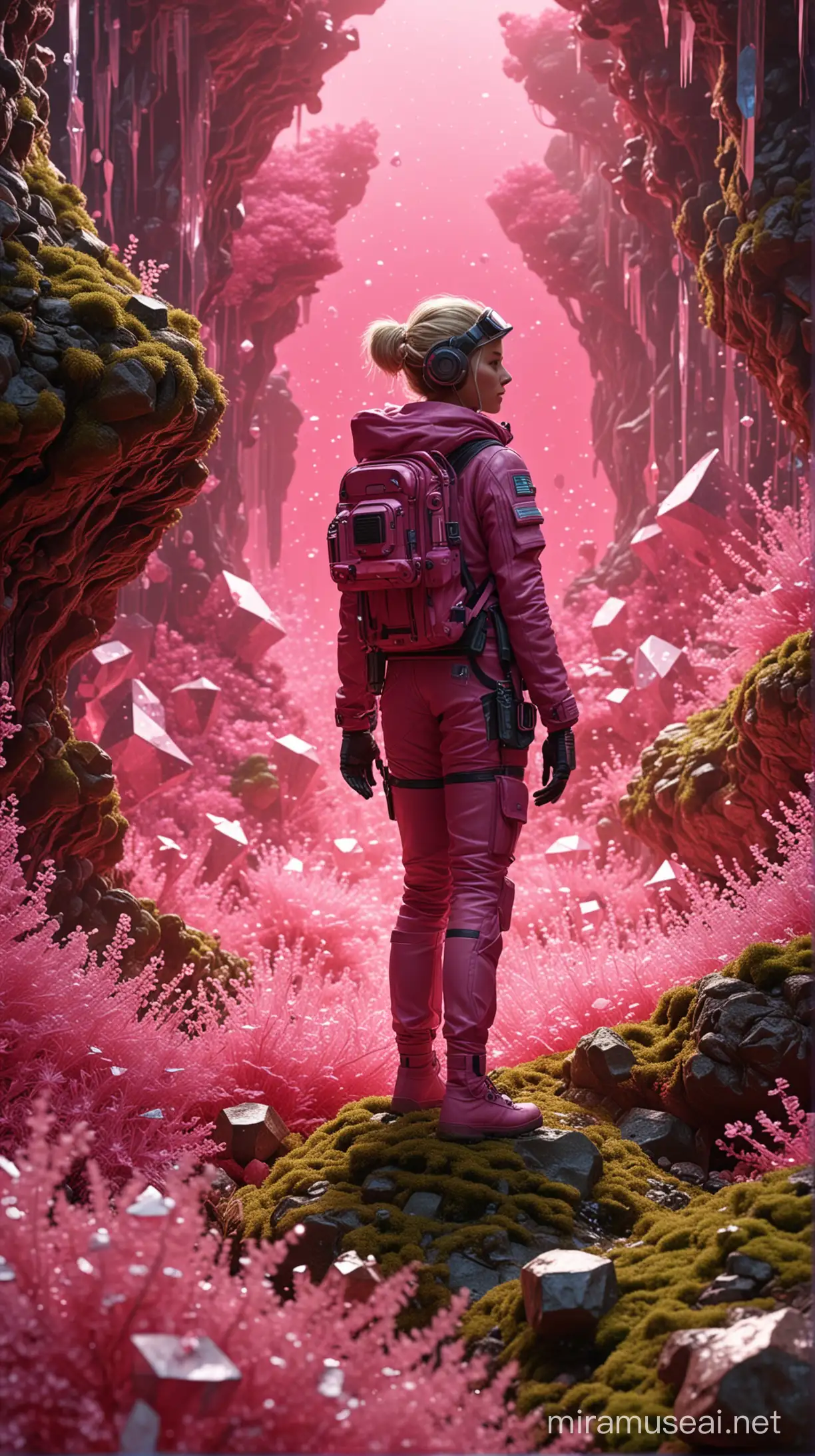 A futuristic explorer surrounded by pulsating pink crystals and luminous moss, in a hyper-realistic 3D portrayal