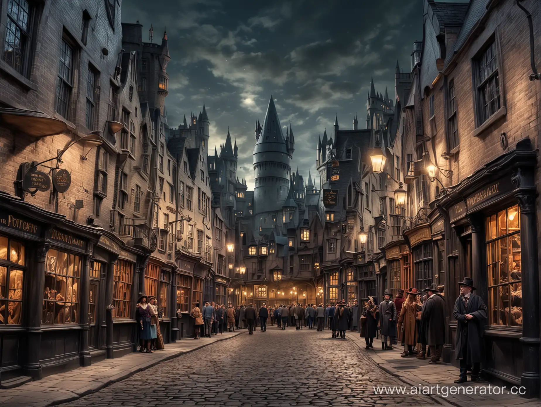 Diagon Alley from Harry Potter with a magical atmosphere and wizards in hats