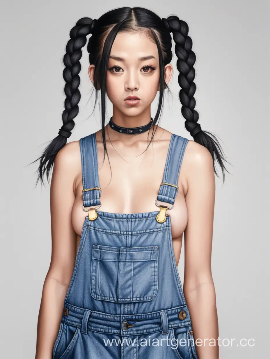 A women in a beanie and overalls with pigtails and no shirt


