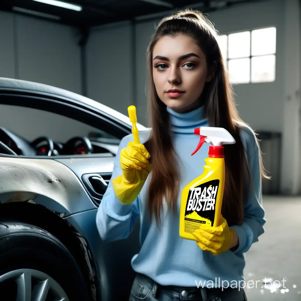 Красивая брутальная девушка показывает спрей бутылку желтую Триггер универсальное моющее средство, на этикетке TRASH BUSTER, моет интерьер Porshe auto