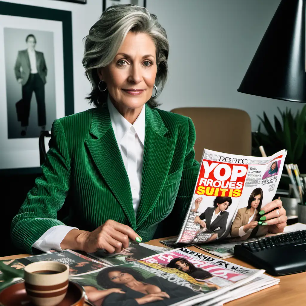 Artistic office with 50 year old woman sitting at her desk. She is holding a magazine cover. She has wrinkes. She is wearing a green ribbed corduroy suit and a white shirt.