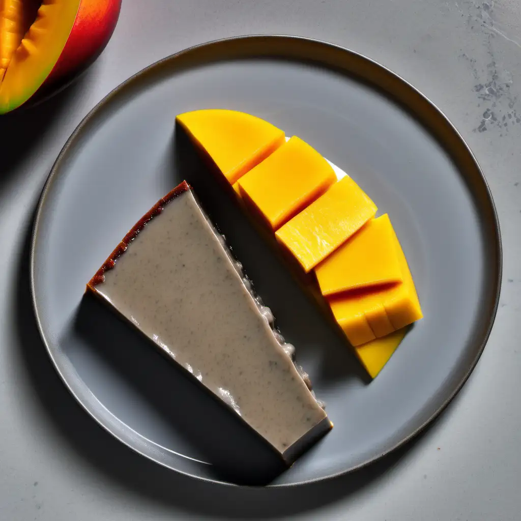 A triangular slice of gray pudding alongside a full slice of mango.