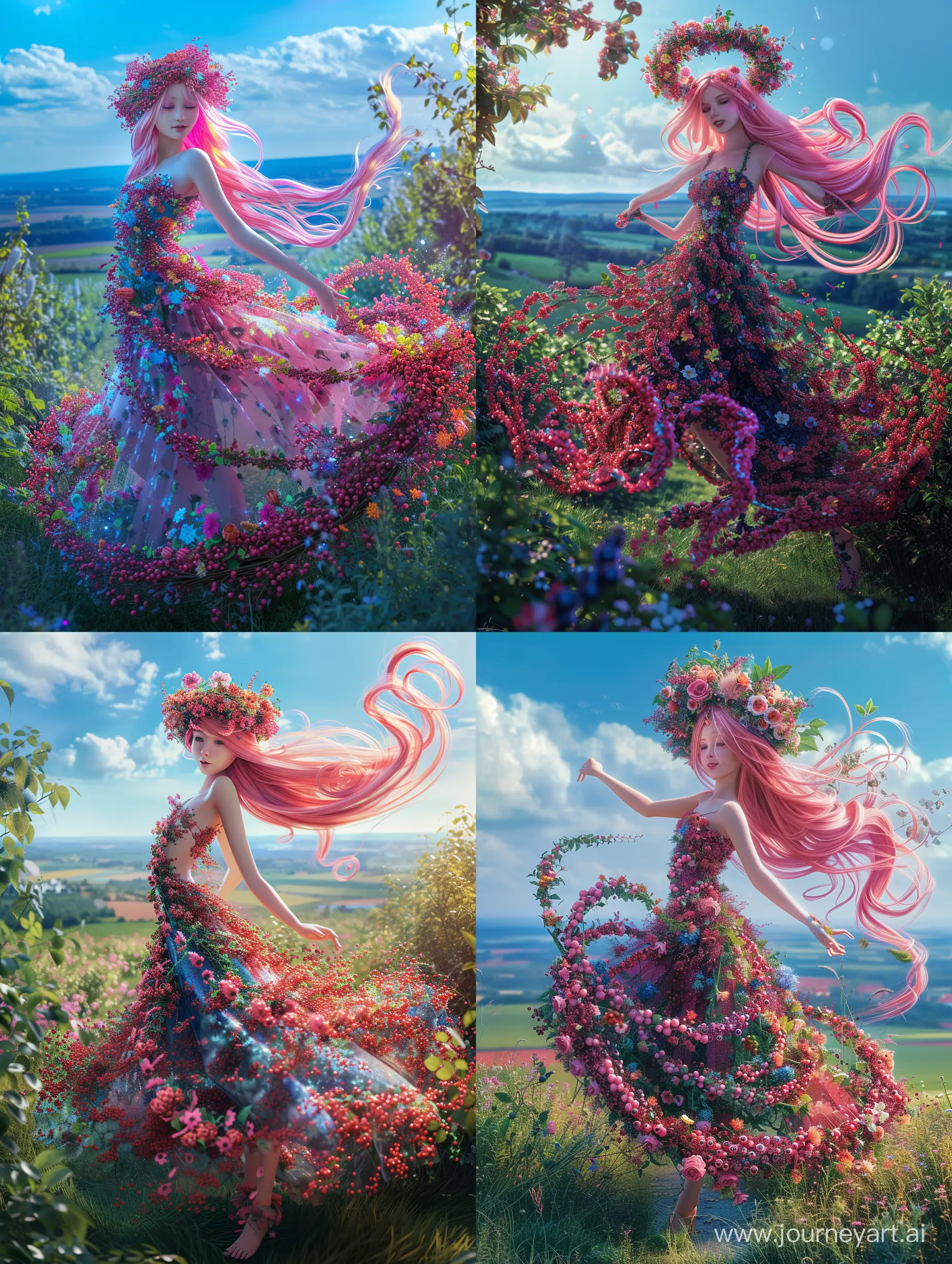 Королева-лето, невероятно красивая девушка в полный рост, с розовыми длинными волосами, на голове венок из цветов, в платье из ягод и цветов кружится танцует в летнем саду, красивый пейзаж на фоне, синее небо, растут ягоды, продолжение платья из цветов, завихряются у подола платья, неоновые переливы, высокое разрешение, эстетично, красиво, яркое освещение, фотореализм