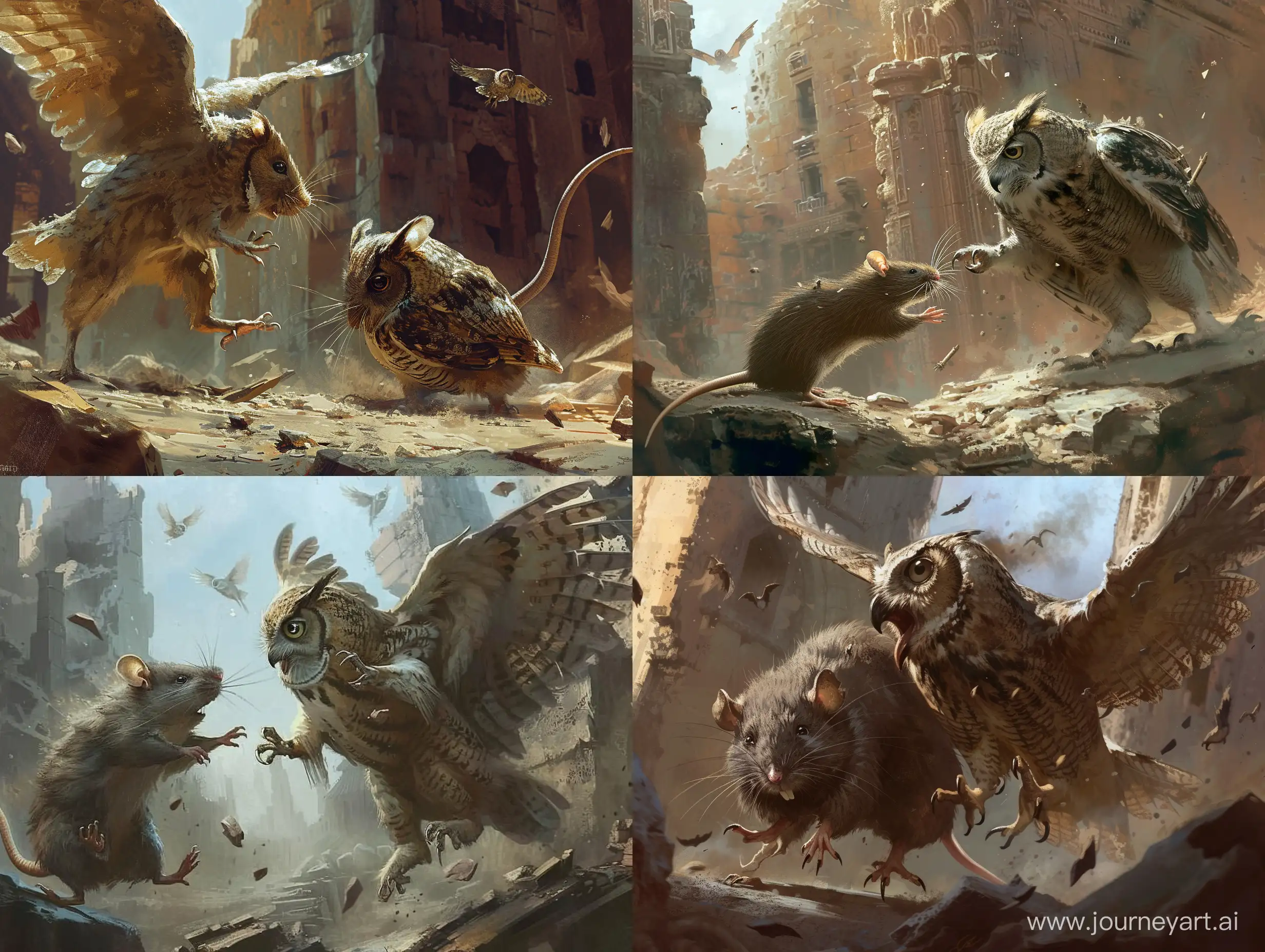 Epic-Dark-Fantasy-Battle-BattleWorn-Rat-and-Owl-Amidst-Ancient-City-Ruins