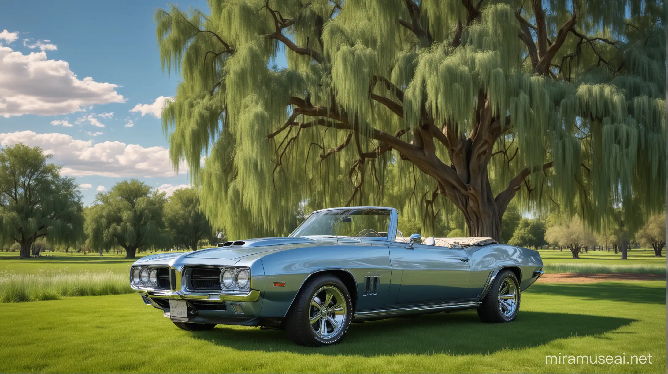 photo realistic of a silver and BLUE chrome 1969 FIREBIRD convertible, big CHROME engine, wide CHROME TIRES, standing amidst a vast expanse of lush green grass IN FRONT OF A LARGE WEEPING WILLOW TREE. CLEAR SUNNY SKY WITH FLUFFY pastel clouds. 32K, 18K, digital, graphic, DD, HDR, UHDR