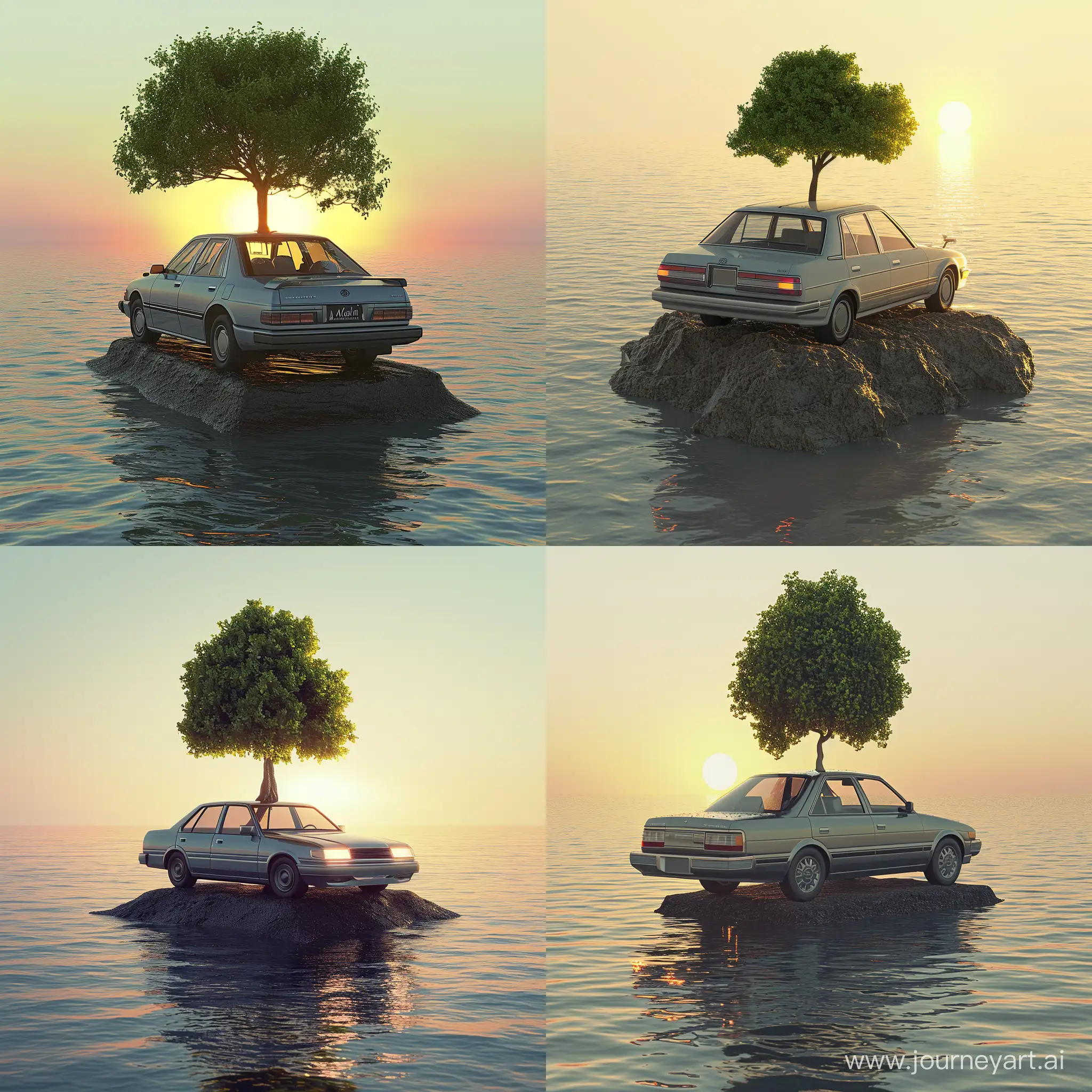 Alena Aenami picture style, car on top of a very Small Island in the middle of the Sea, Green Tree Back car, toyota Classic sedan, Light Car On, Details of the car gray, Sunset, Realistic Sunlight Reflections on the Sea, High Precision 