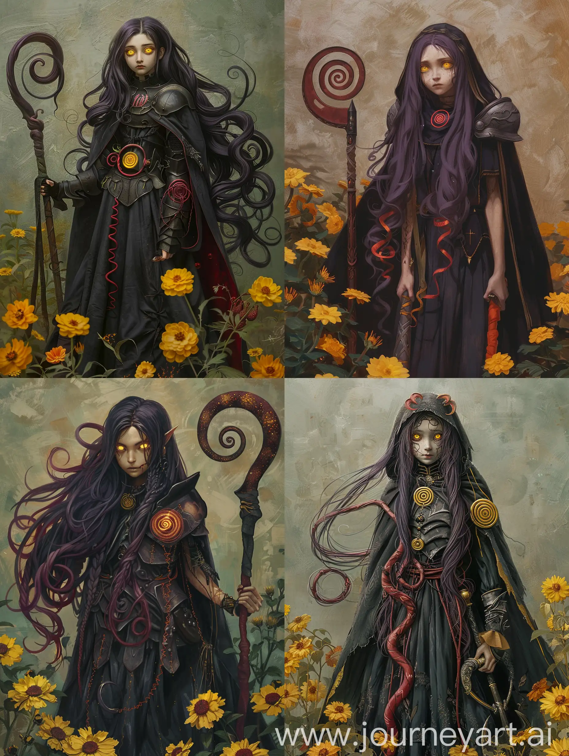 narue, homutan, girl, long hair, loose hair, dark purple hair, (curly hair:0.7), yellow eyes, (glowing eyes), tired look, tired, expression, serious face, mad, mature female, pauldrons, planted, cape, long black dress, (cursed armor, damaged armor), red spirals on dress, accessories, circles, spiral eyes, standing, holding scythe,void, ((looking at viewer)), hotatenshi, yellow flowers, (by gustav klimt:1.2), oil painting, realistic photography, colour palette, abyss, flowers