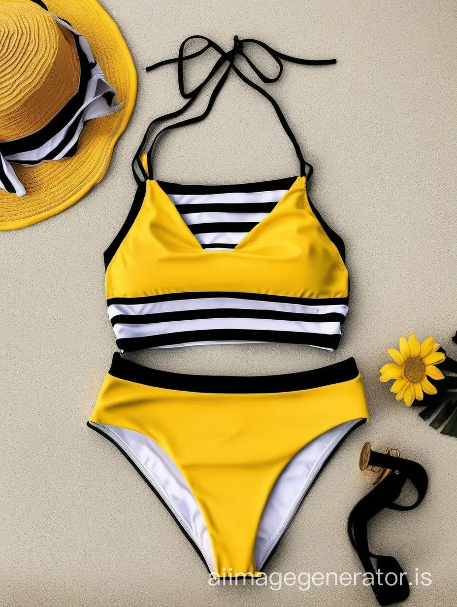 yellow two-piece swimsuit.  top in the form of a top with  thin straps.  high waist bikini. Black stripe in the middle of the top and bikini