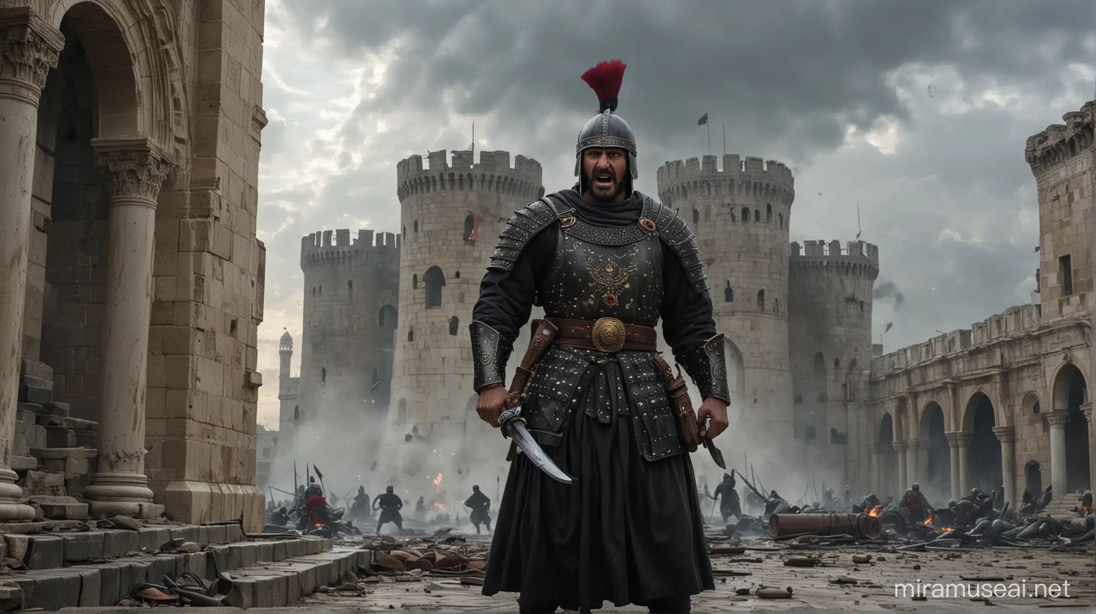 A fierce warrior wearing black byzantine-ottoman battle attire, standing in the front of circular byzantine palace, while he and his army bombing it by cannons, as they are screaming, the condition is at afternoon, And the scene is at constantinople, under byzantine empire, and condition is cold, like that it is about to rain, Dream shaper V4