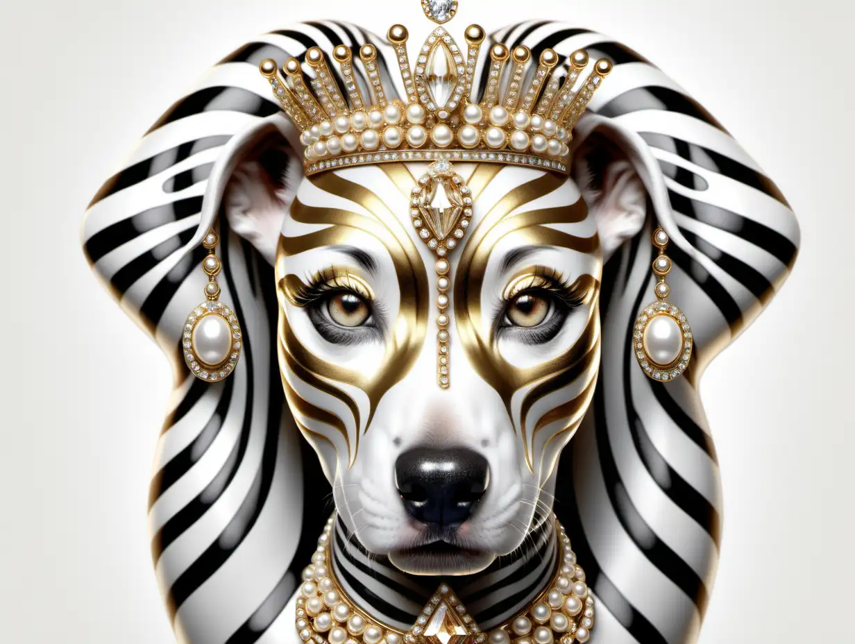 Dog face frontal symmetrical portrait queen with zebra stripes on white, gold, pearls, Swarovski shiny diamonds, jewelry, in the style of intricate imagery, digital art, 8k —ar 2:3 —v 5.2art, 8k —ar 2:3 —v 5.2  
