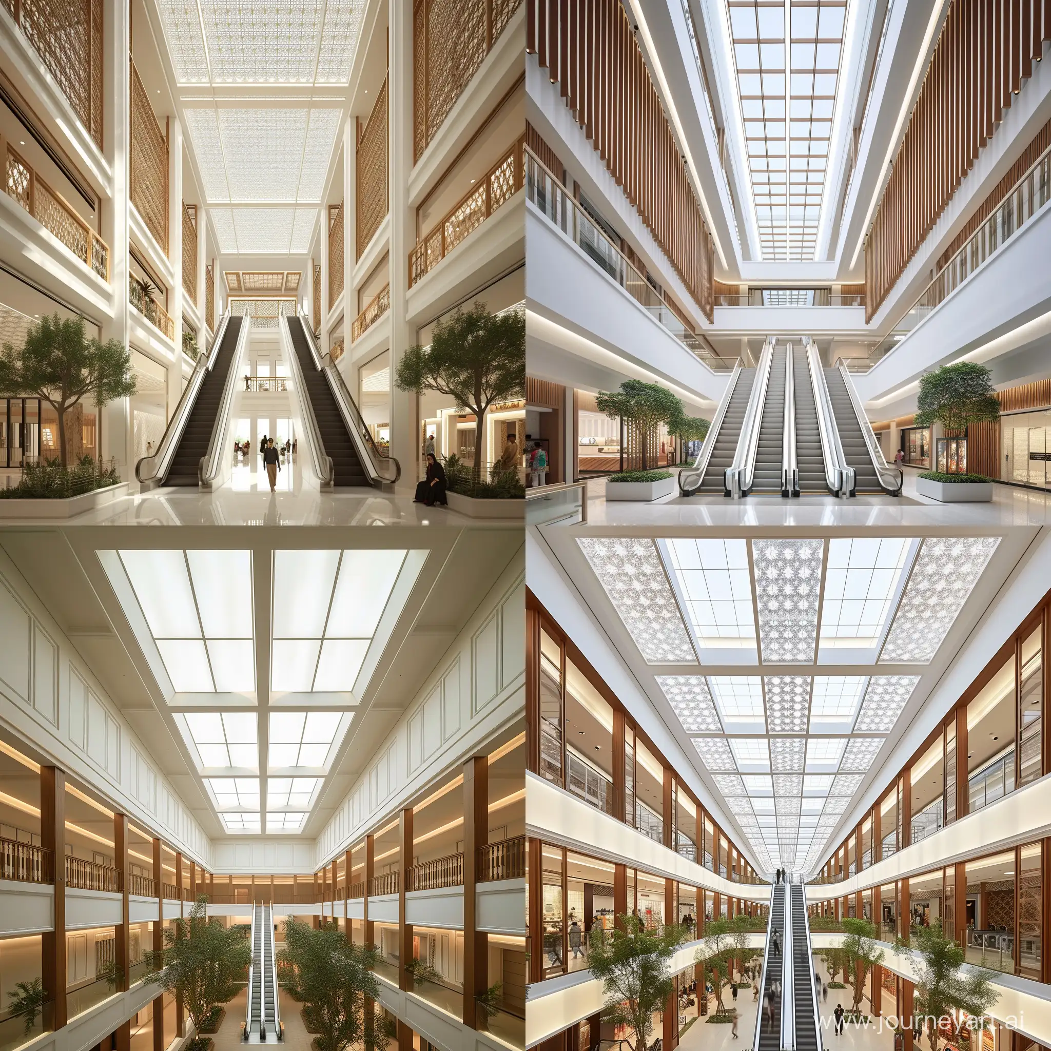 Un Atrium à DJAKARTA de 3 étages ,
 12 mètres de haut , 
7 mètres de large , 
Le plafond écran de lumière blanc rectangle  est filtré de clostra en bois , 8 voutes  pure blanche  simple au dessus des Escalators , 
au pieds 2 arbres exotiques 