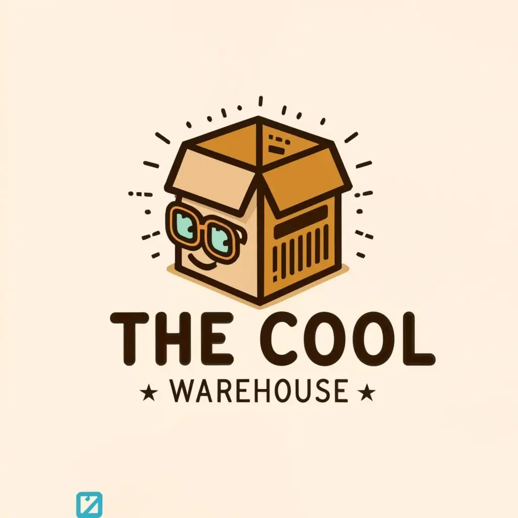a logo design,with the text The cool warehouse, main symbol:A cool cardboard shipping box with sunglasses on to show that its cool,Moderate,be used in Internet industry,clear background