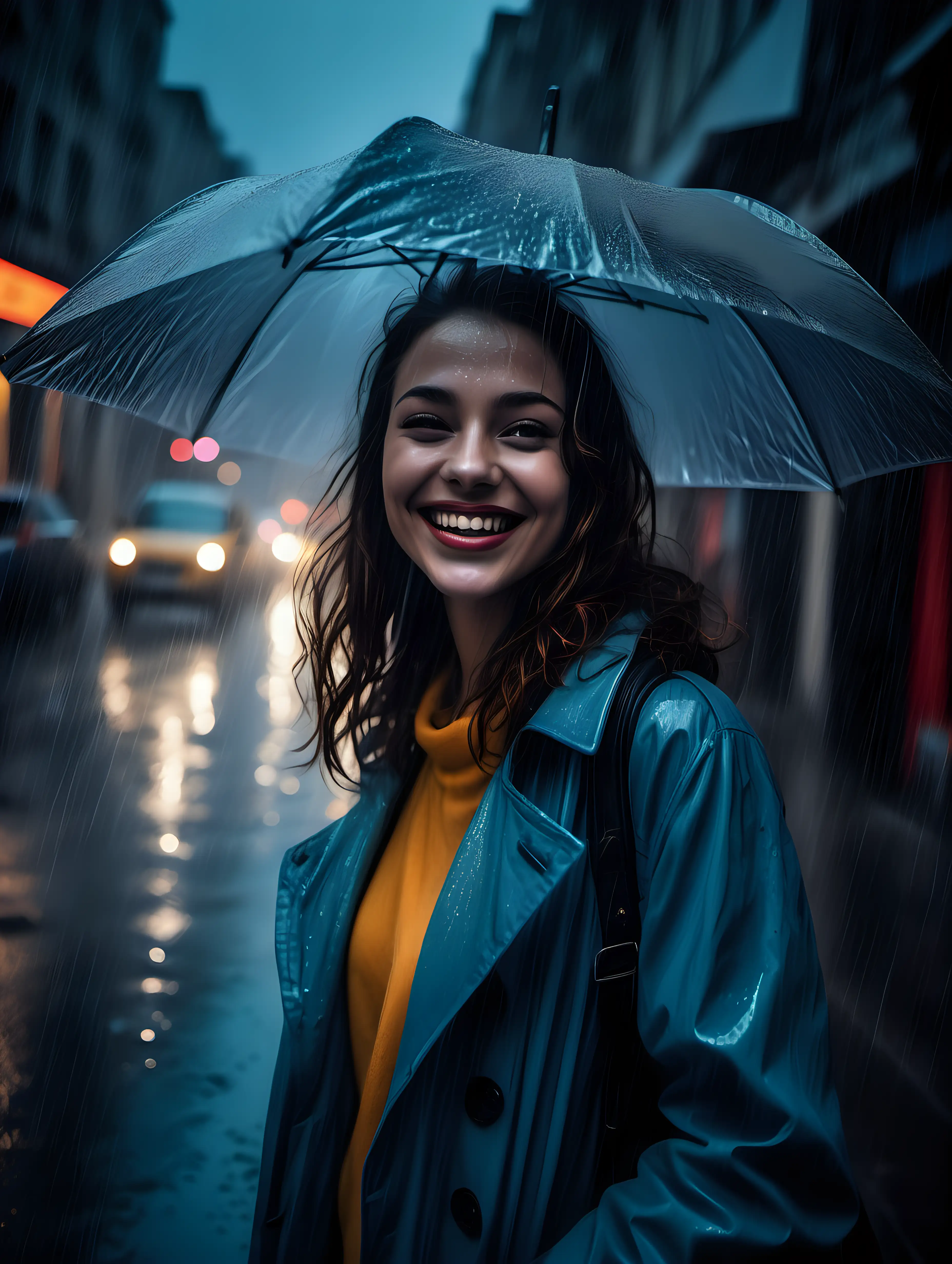 Woman cinematic contrast. Make her smile and make the background blurry, city raining colourful lights