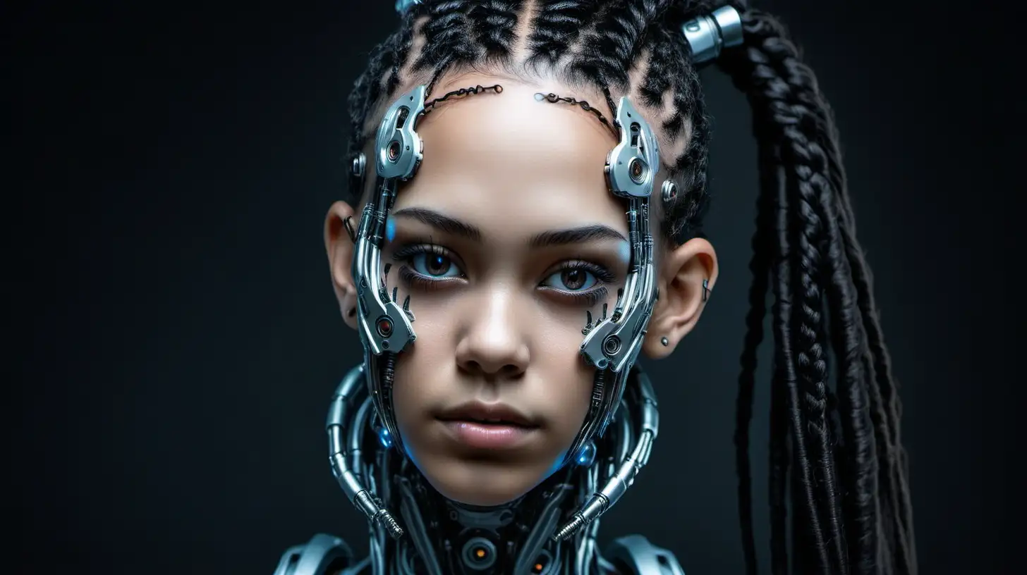 Cyborg woman, 18 years old. She has a cyborg face, but she is extremely beautiful.  Wild hair. Dark braids. Bright line under her eyes. Beautifully-shaped round ears.