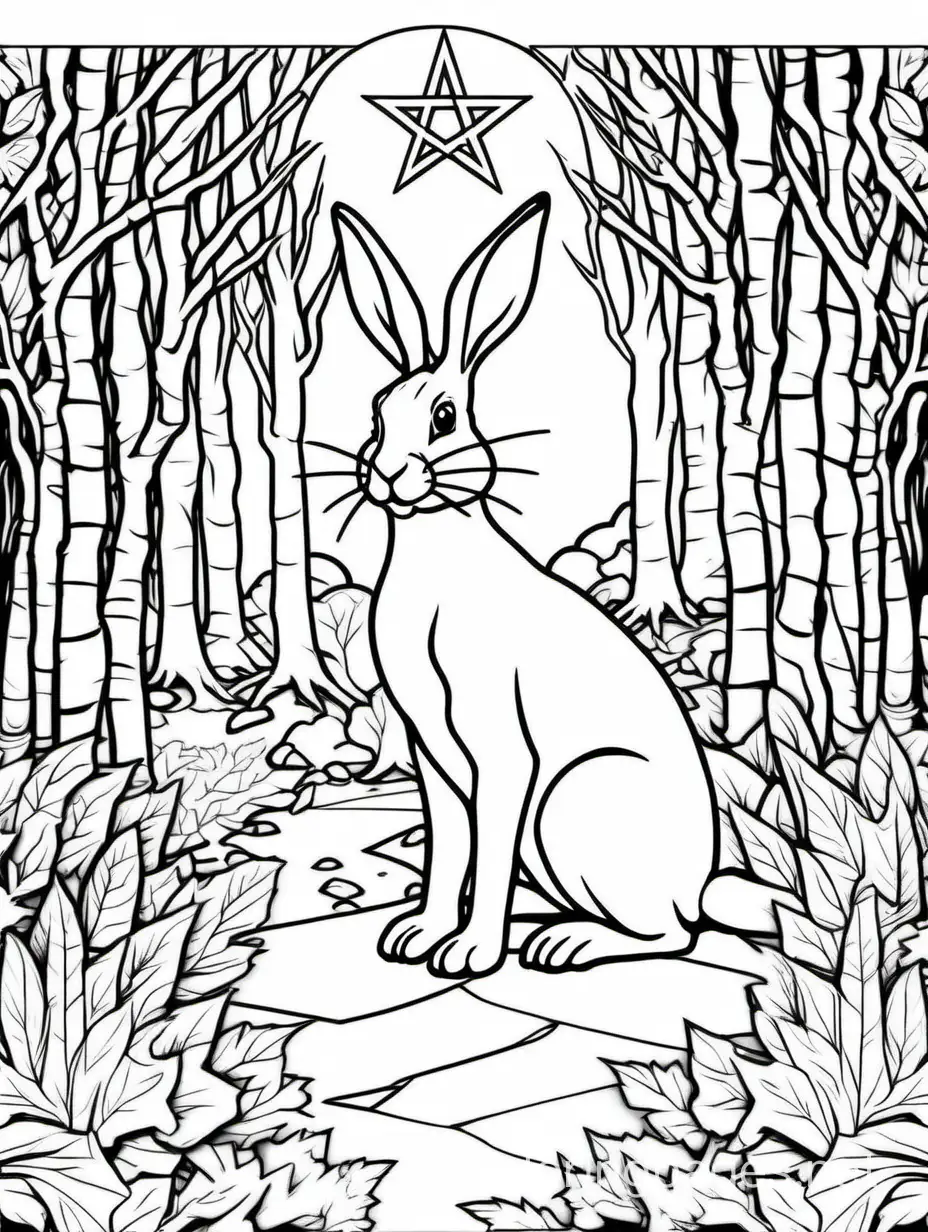 black rabbit on a pentagram in the woods, Coloring Page, black and white, line art, white background, Simplicity, Ample White Space. The background of the coloring page is plain white to make it easy for young children to color within the lines. The outlines of all the subjects are easy to distinguish, making it simple for kids to color without too much difficulty
