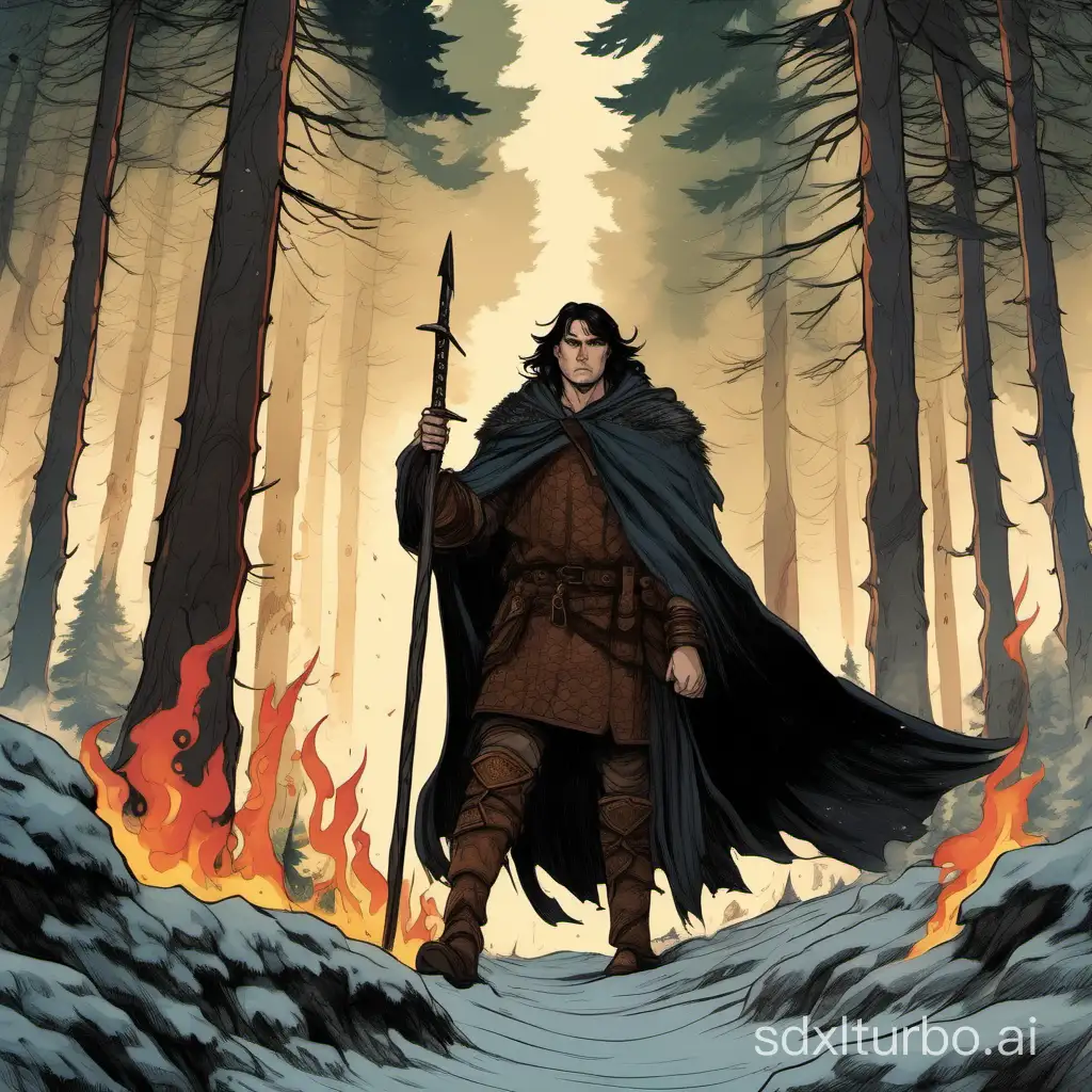 A tall, dark-haired warrior walks through a forest of huge pine trees. His cloak is made of bearskin and his greatsword is strapped across his back. In one hand he holds a burning branch, in the other a quarterstaff.