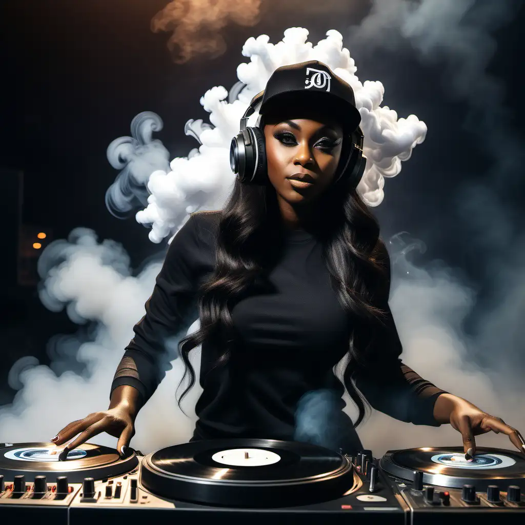 Elegant Black Female DJ Spinning Records in Smoky Club Setting