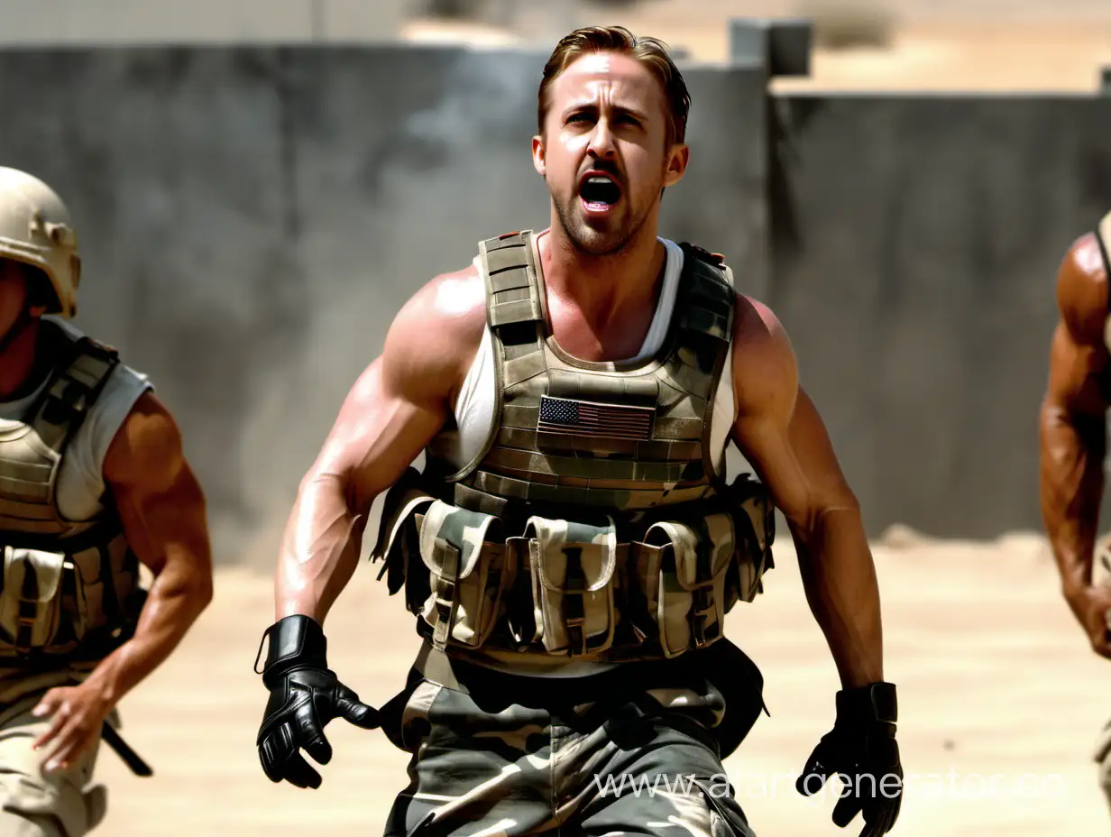 Intense-Ryan-Gosling-in-Military-Camouflage-Vest-Screaming