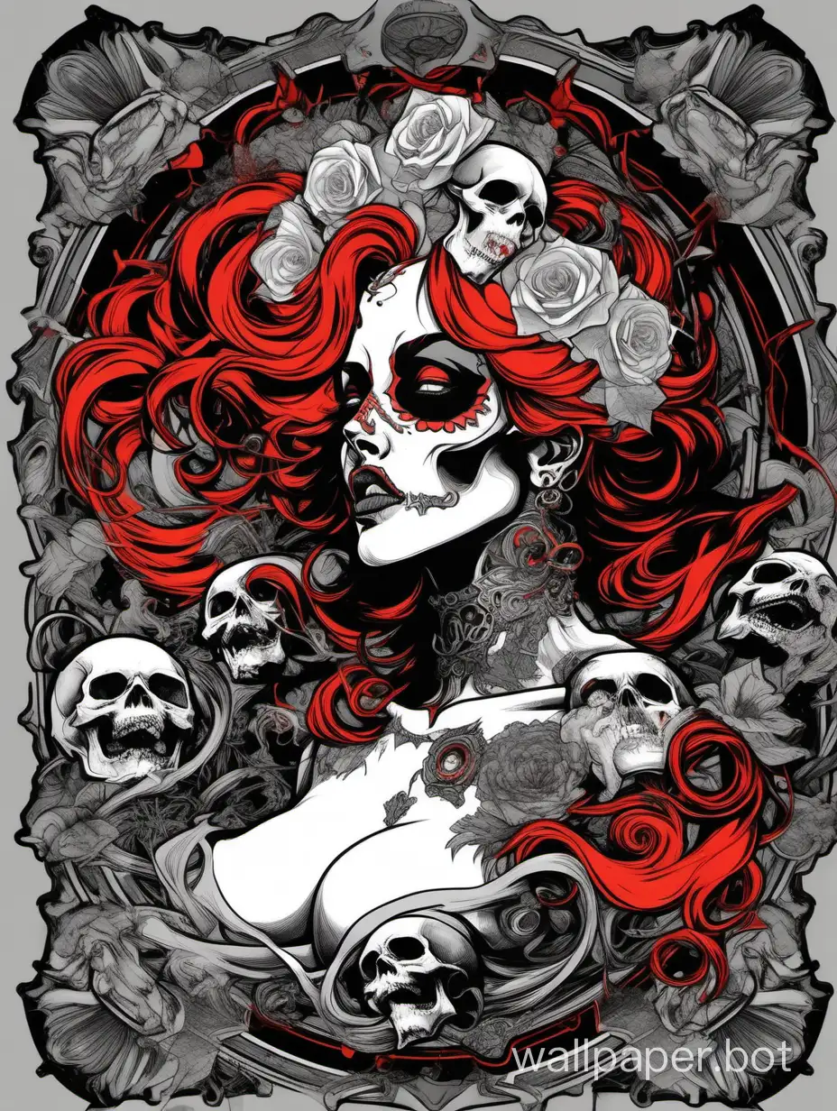 skull venus odalisque, front head , sexy crazy face, open mouth with tongue, chaos ornamental, short hair, darkness, assimetrical, chinese poster, torn poster edge, alphonse mucha hiperdetailed, highcontrast, black white red gray, explosive dripping colors, sticker art
