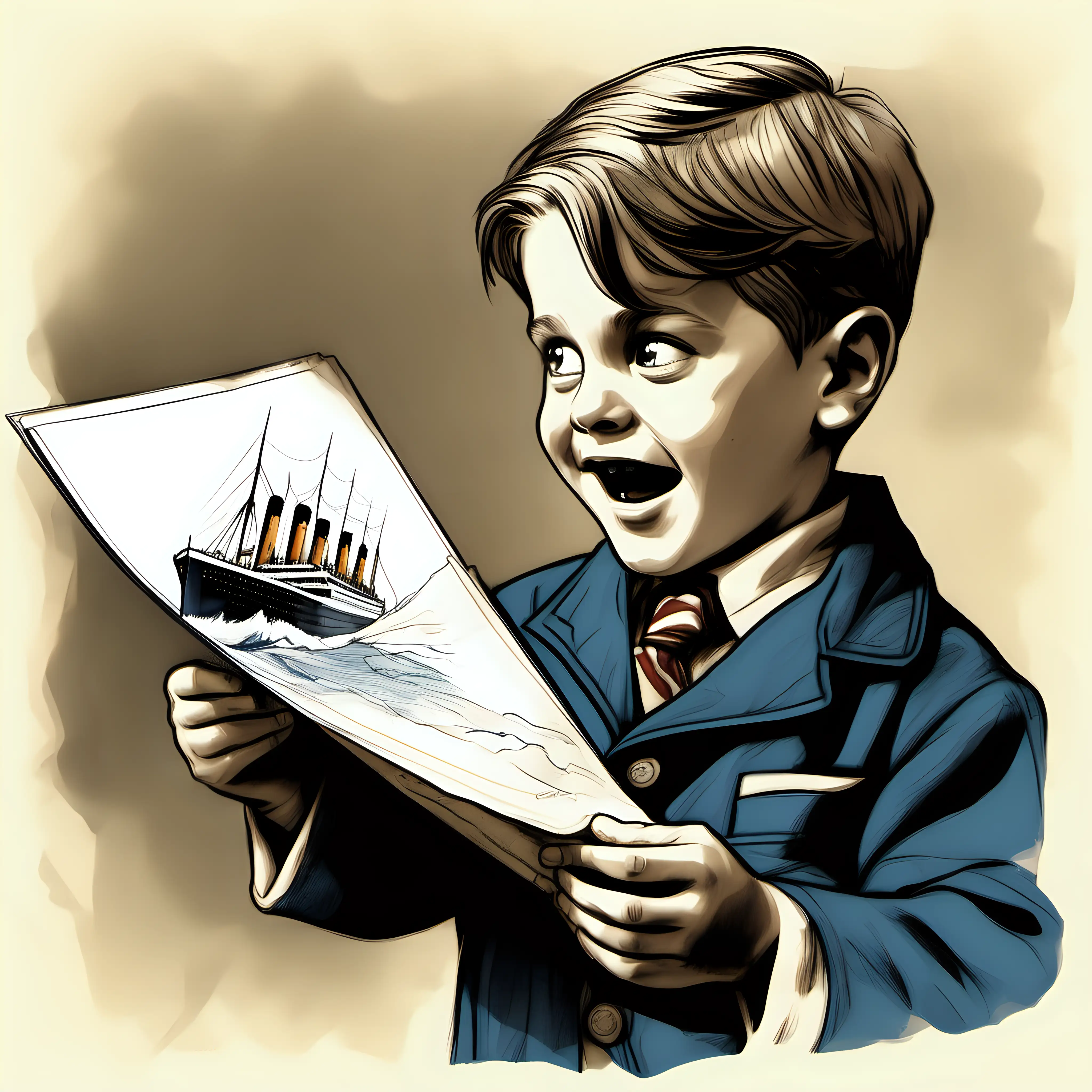 illustration: little boys eyes widen with excitement as he clutches a sketch of the titanic his father has given him.






