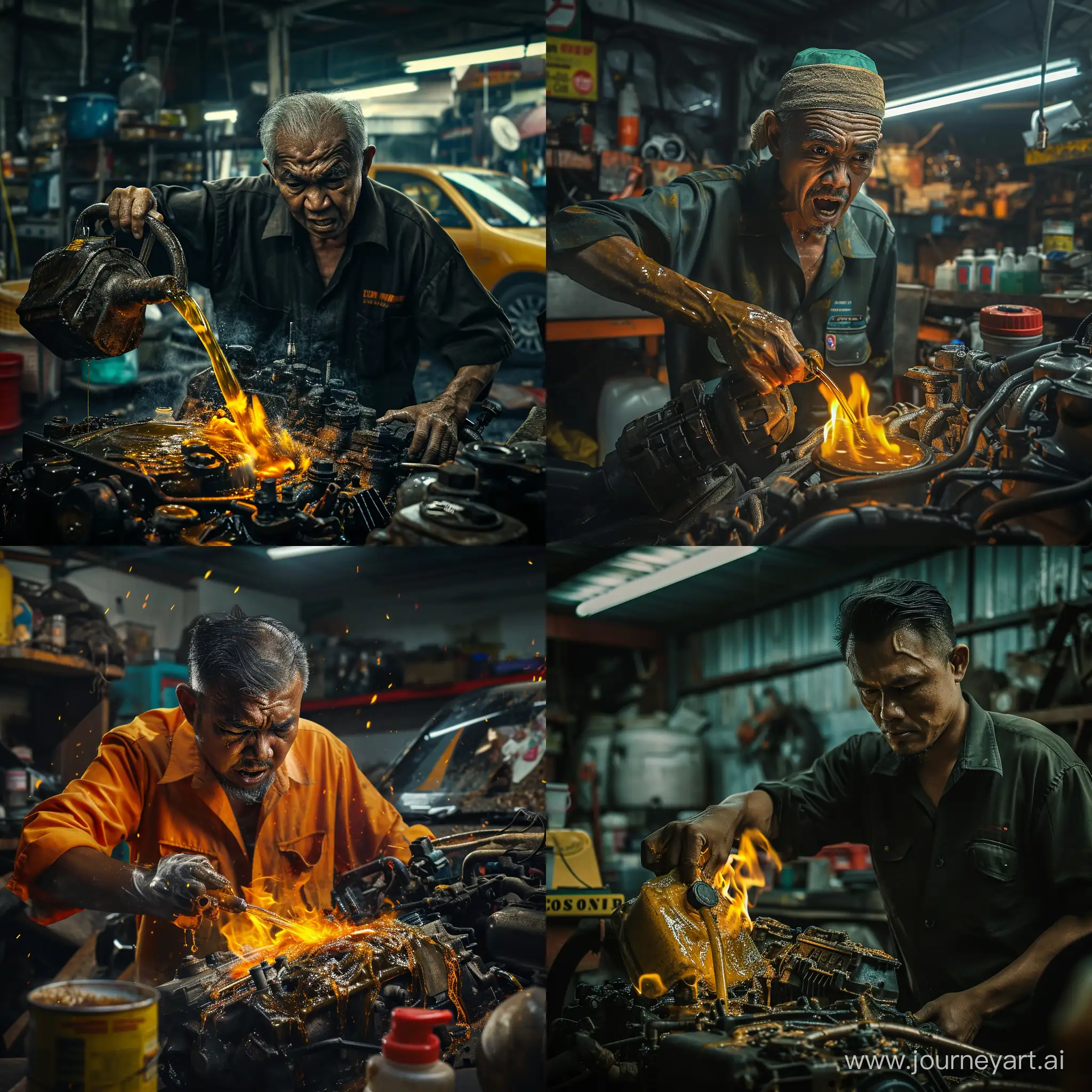 Furious-Malay-Mechanic-Addressing-Engine-Fire-in-StateoftheArt-Workshop