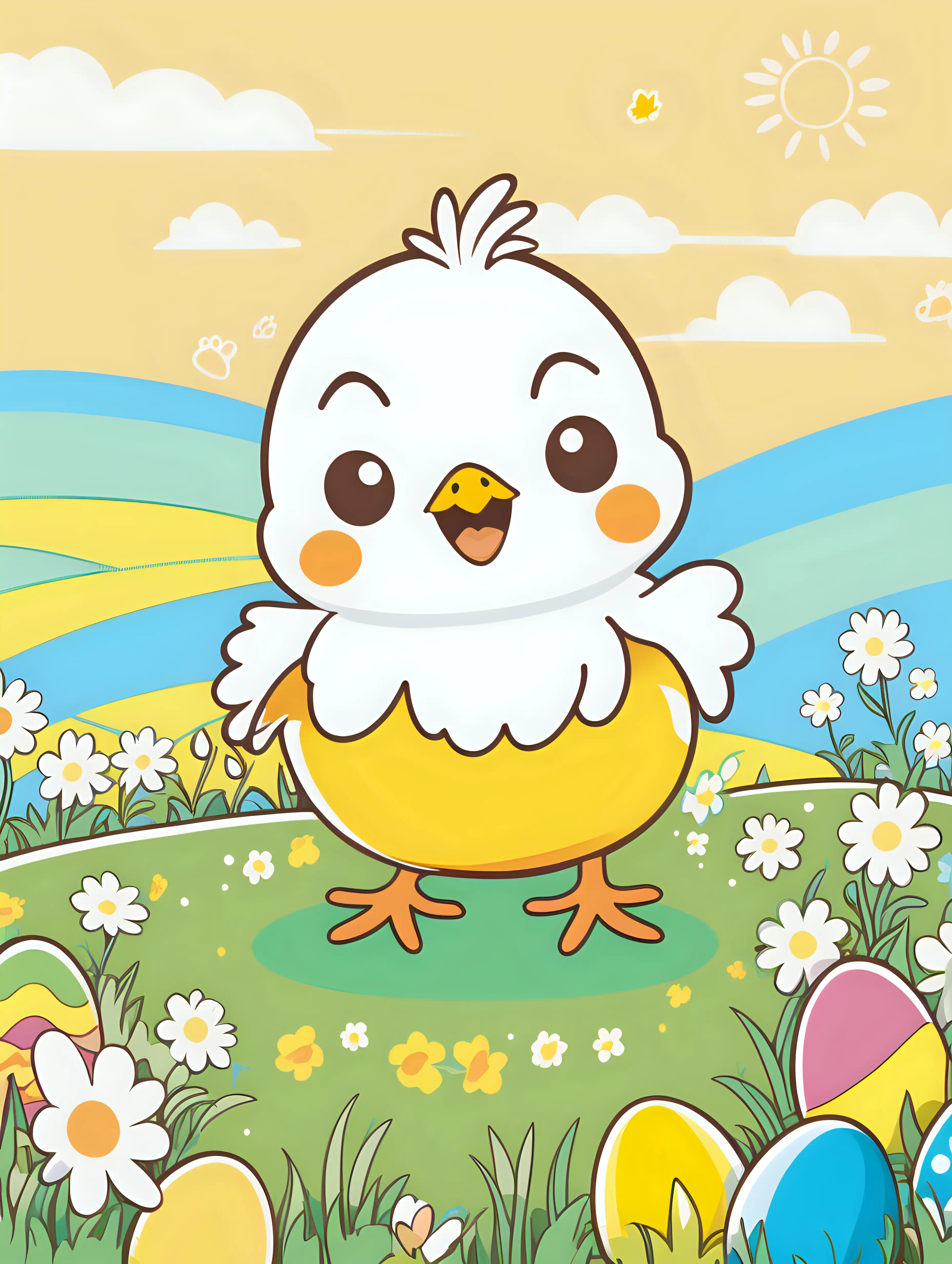 Cheerful Kawaii Baby Chick in Vibrant Easter Spring Field