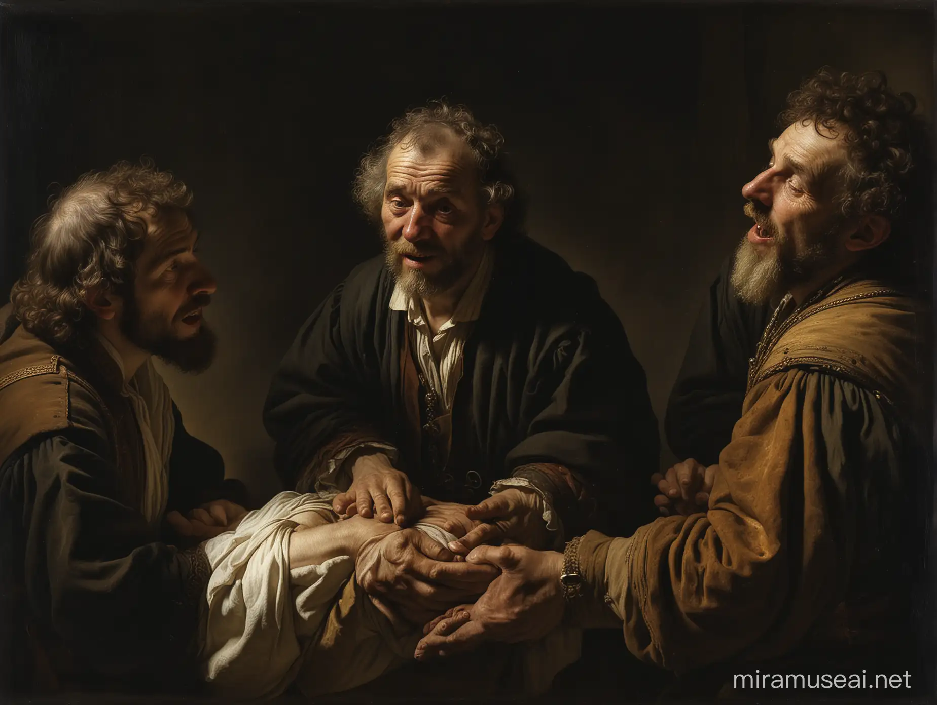 Dramatic Painting of Three Men Battling Under the Gaze of an AllSeeing Eye