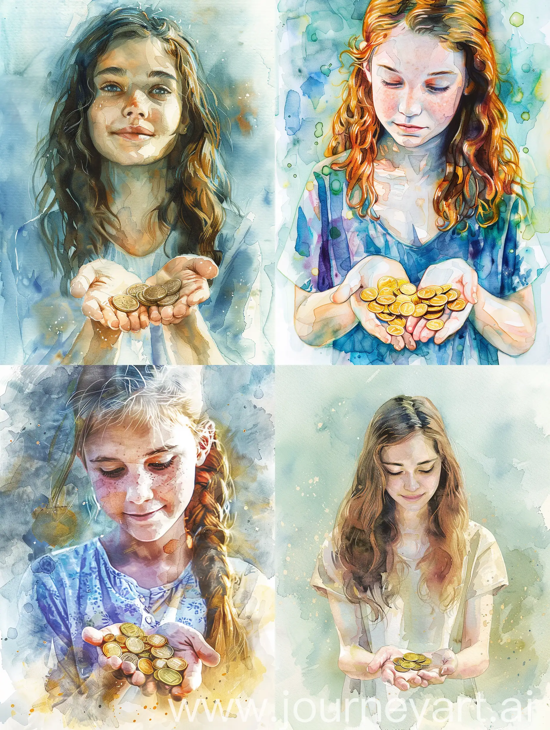 Young-Girl-Counting-Coins-in-Enchanting-Watercolor-Scene