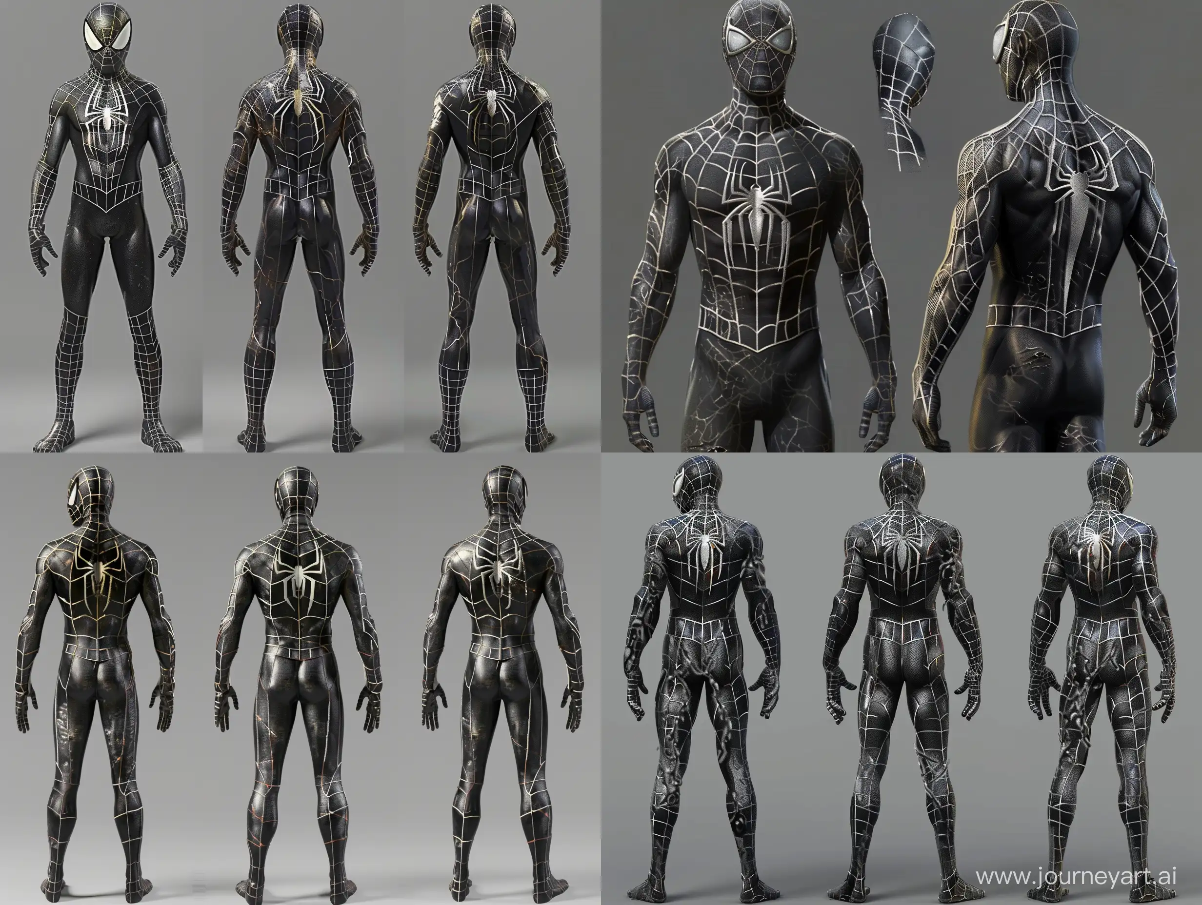 Tobey Maguire black spiderman costume, symbiote costume concept art, Tobey Maguire full body Front Back and side view --v 6 --ar 4:3 --no 45200