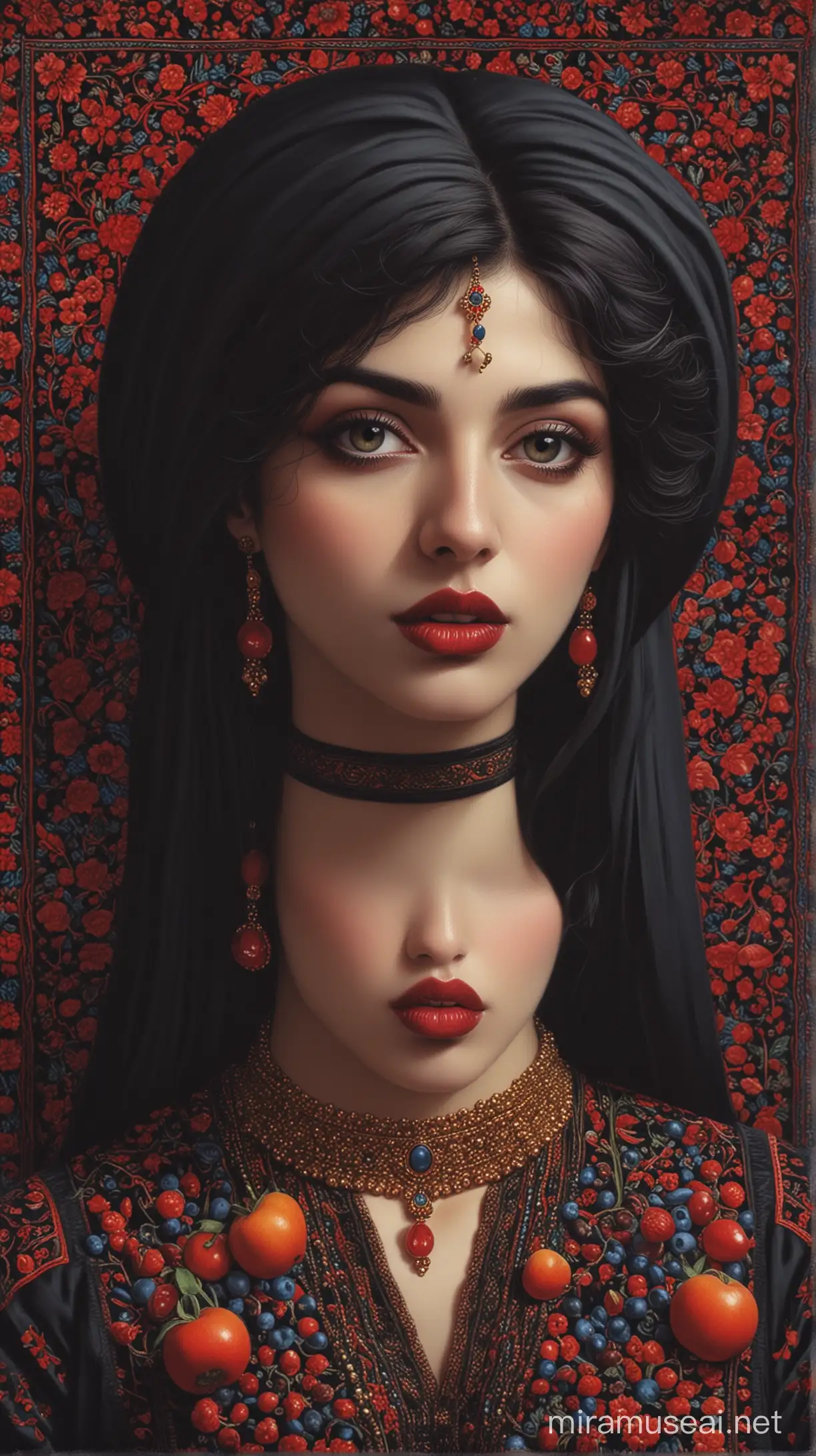 persian ghajar lady ,persian black carpet in background ,Its a bitter pill and you must swallow it, black-lipstick, bitter fruit, colorful-light, glitchart, artcollage, intensity, gradients, detailed face, detailed, art by franz stuck, art by sungmoo heo, art by grace aldrich, art by tom bagshaw