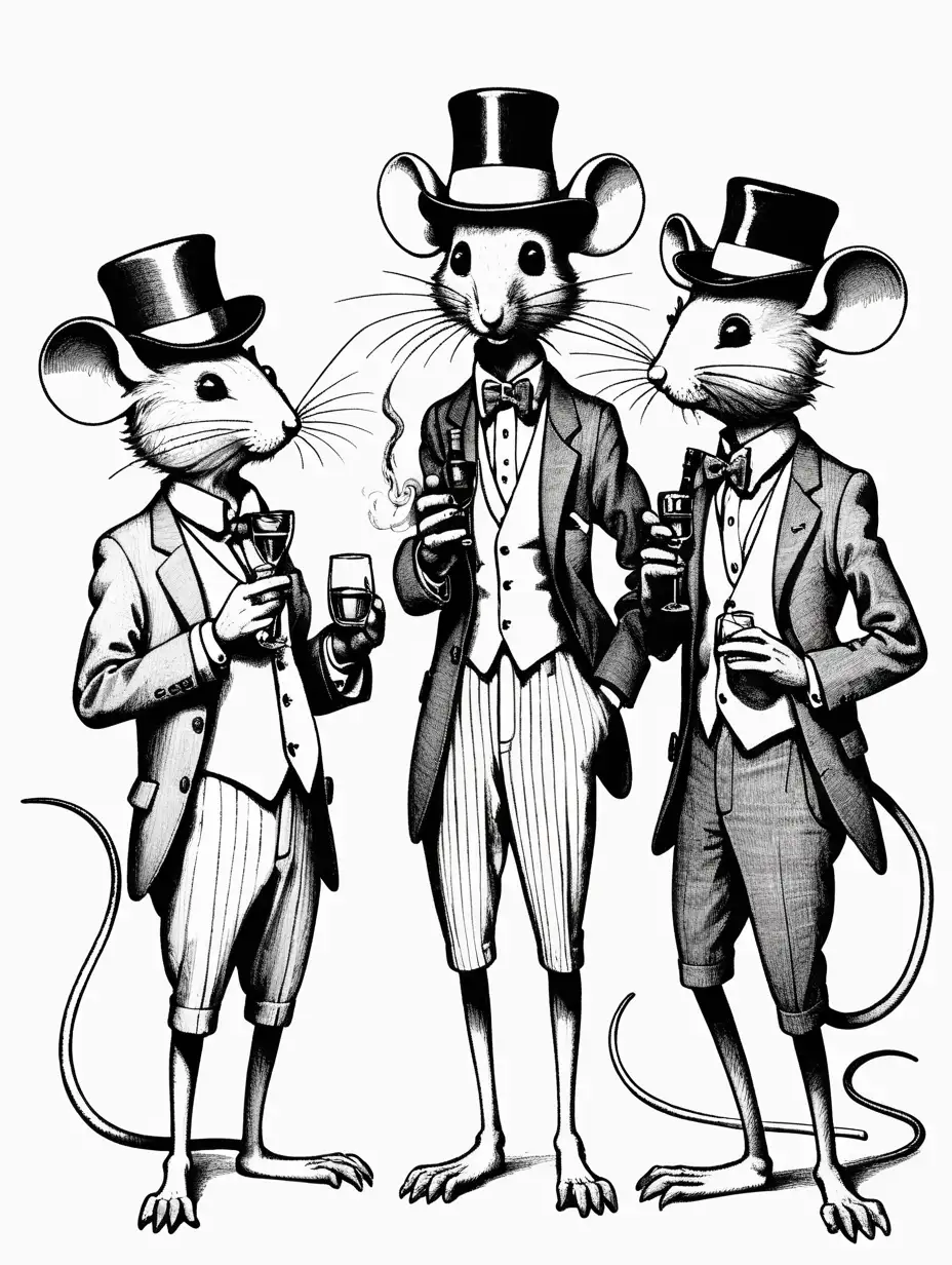 Three Stylish Mice with Cigarette Whisky Fedora and Glasses