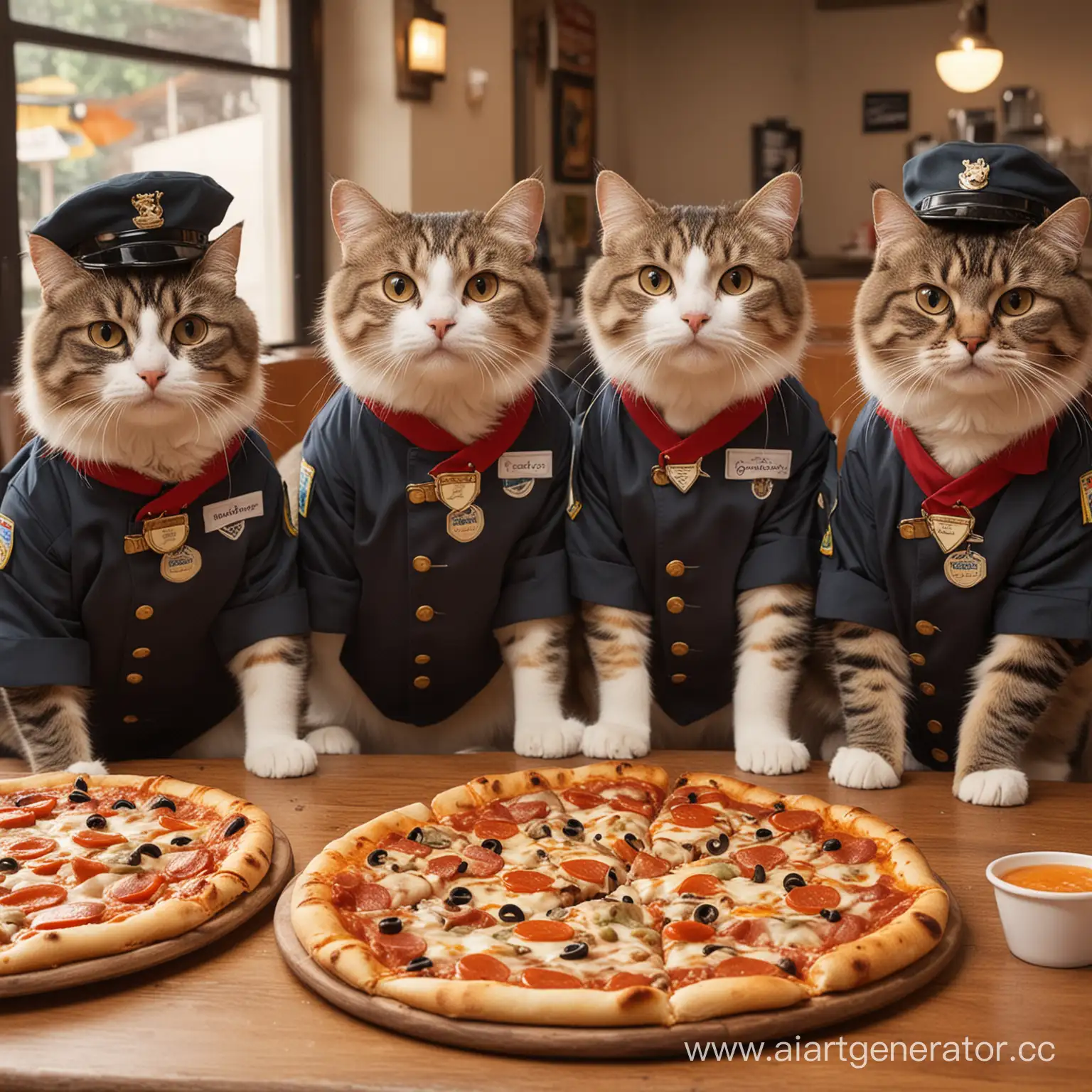 нарисуй мне несколько разных изображений приятных, пушистых котиков, одетых в униформу заведения «Додо-пицца» , которые кушают Додо-пиццу, пьют напиток и  смотрят прямо в камеру