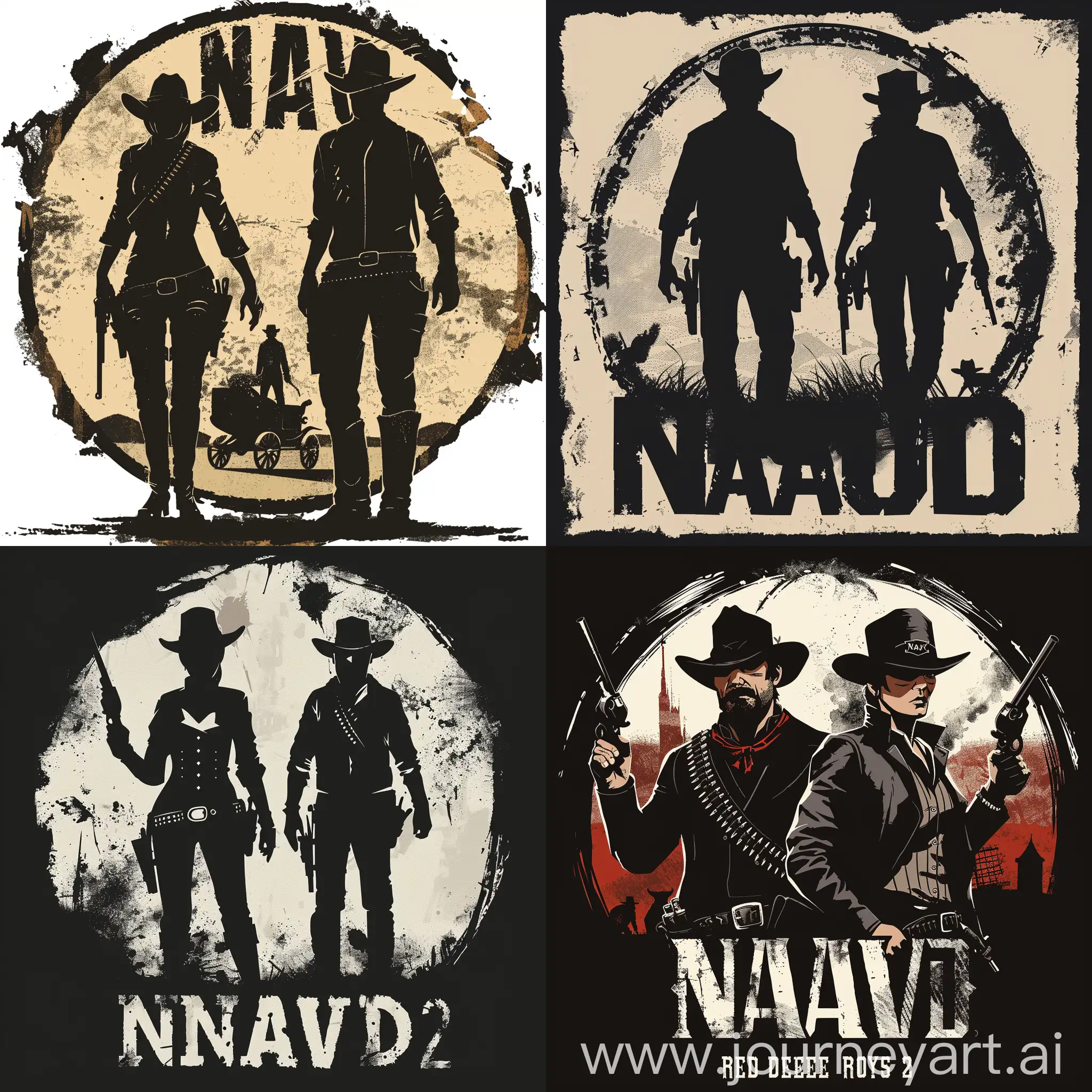 logo round, banner with bold black text "Nav" clean font, black, white colours, dark, 1899, good and evil contrast, two people in contrast, robbery, outlaw, red dead redemption 2 style, guy denning,