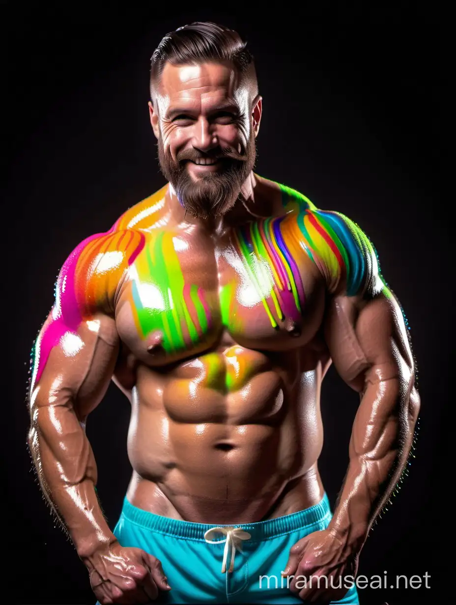 Topless 40s Ultra Beefy Happy Bodybuilder Beard Daddy Glow in the Dark Highlighter Multi BRIGHT Coloured Ink Paint Pouring all over his body and Flexing his Big Strong Arm