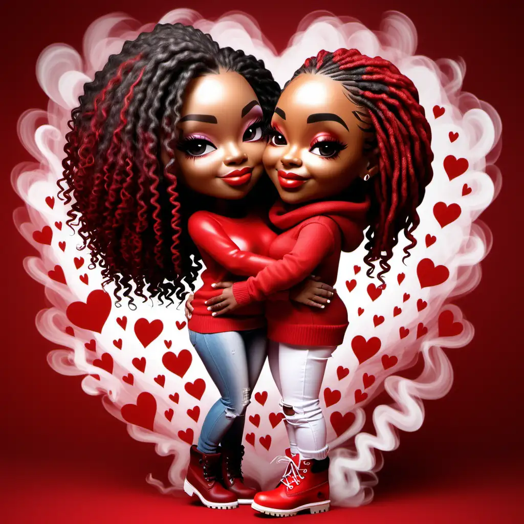 air brushed illustration my forever Valentine beautiful African American chibi style woman she has long loose curls flawless make red sweater, white distressed jeans red timberland boots, man donning red sweater white designer jeans, timberland boots, styled locs holding her from behind background is 3d hearts illusions of smoke