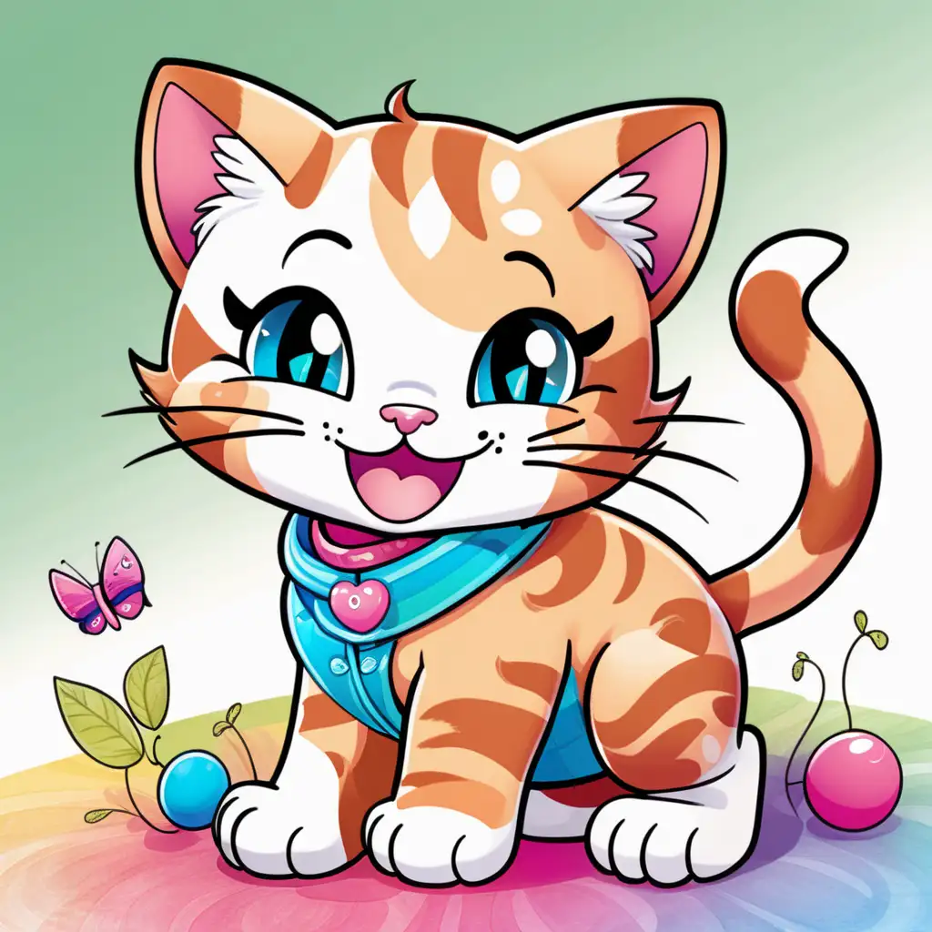 Colored page colorful with cute smiling kittie playing 