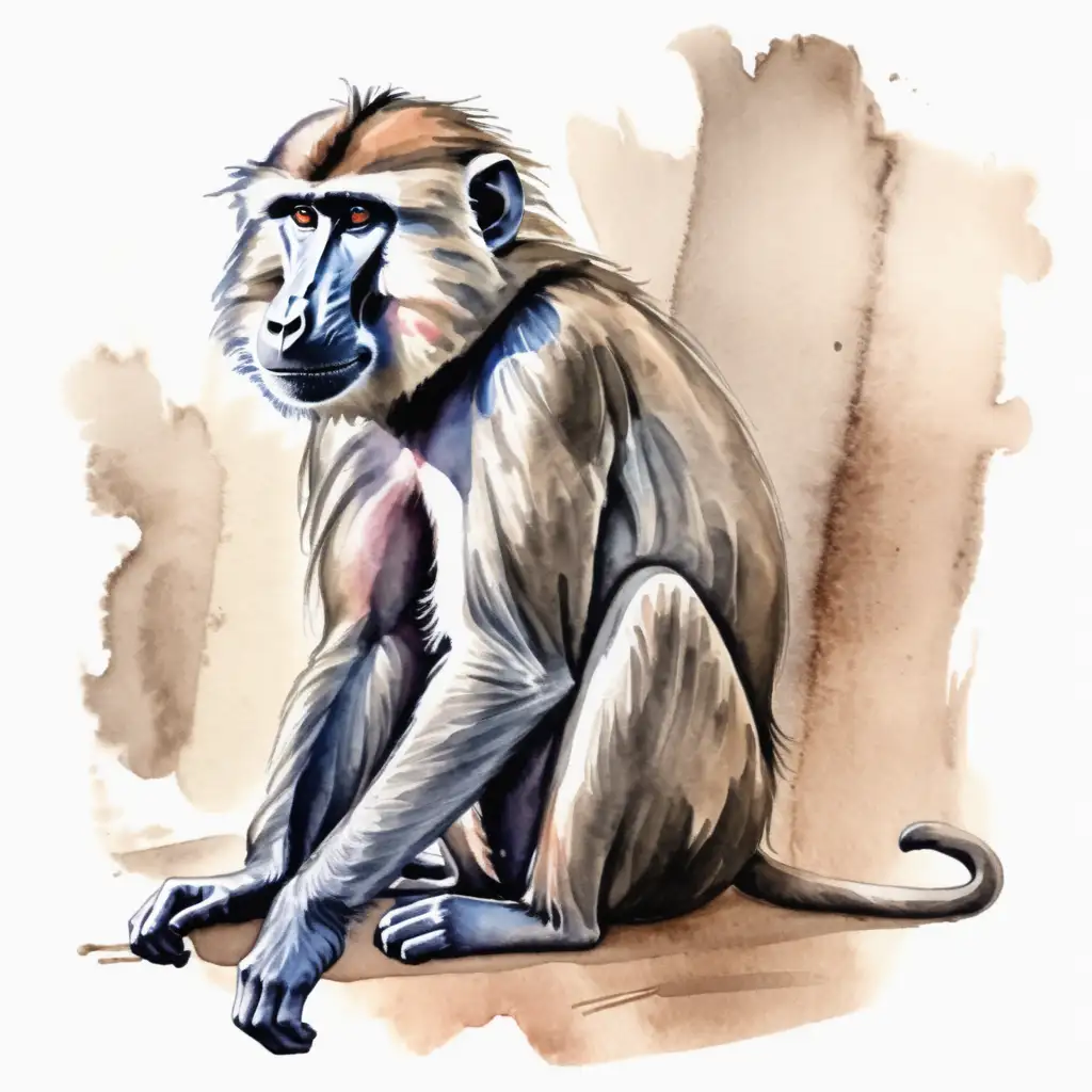 Baboon Sitting on the Ground Watercolor Drawing