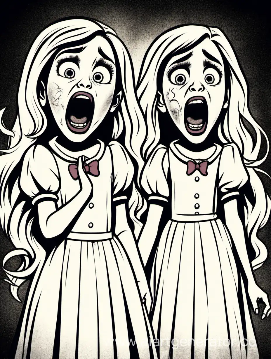 двум девушкам близняшкам в ужасе кричат   в стиле дисней