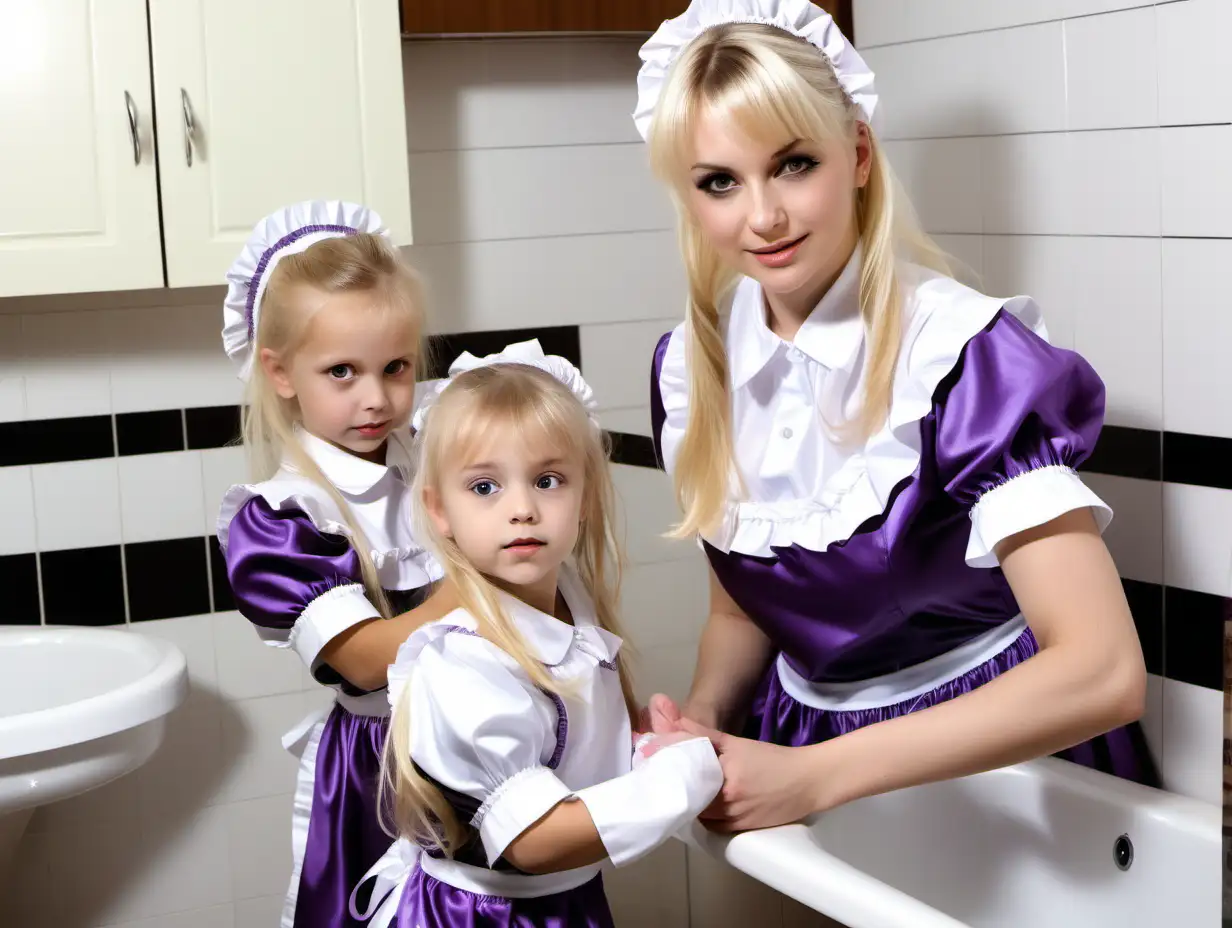 litle girl in long lila  satin maid uniforms and mothers blonde hair clean bathroom and kitchen