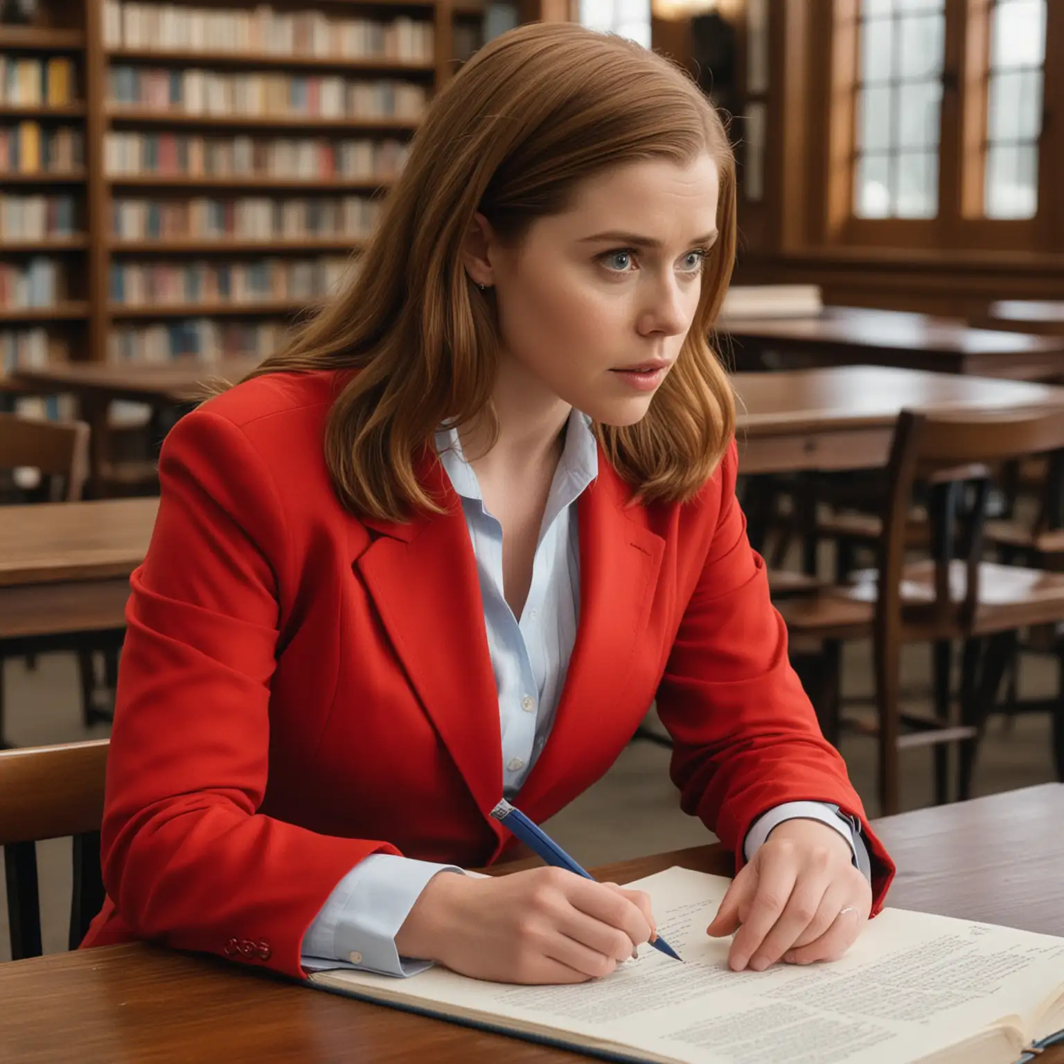 dans bibliothèque, assise à une table Amy Adams, songeuse, uniforme scolaire blazer rouge manches longues ouvert et chemise blanche polyester manches longues et cravate bleu et jupe courte plissée rouge et mocassins noir écrit une love letter