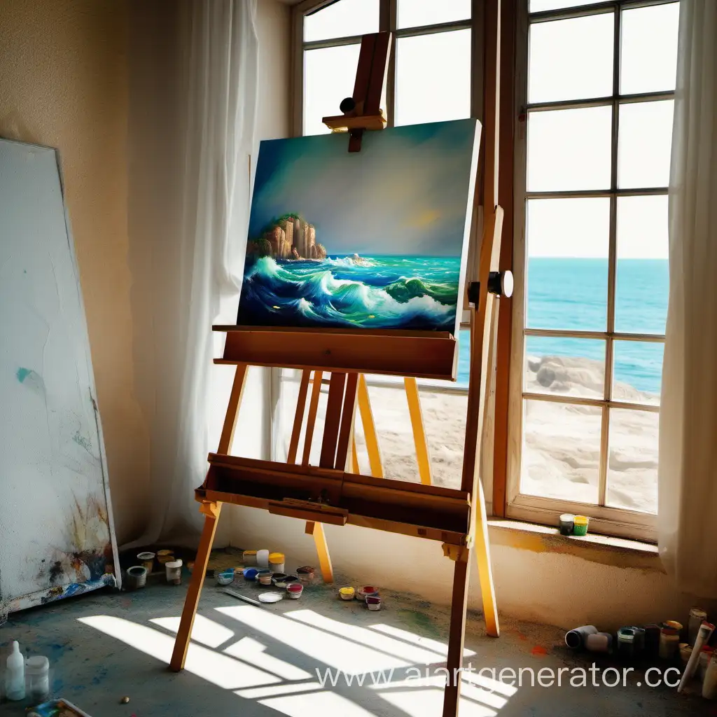 Красивое изображение мольберта, рядом стоят краски,  карандаши. Светлая комната с большим окном, а за окном море