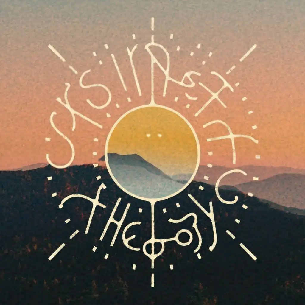 logo, sunset between mountains, with the text "Sunset Theory", typography