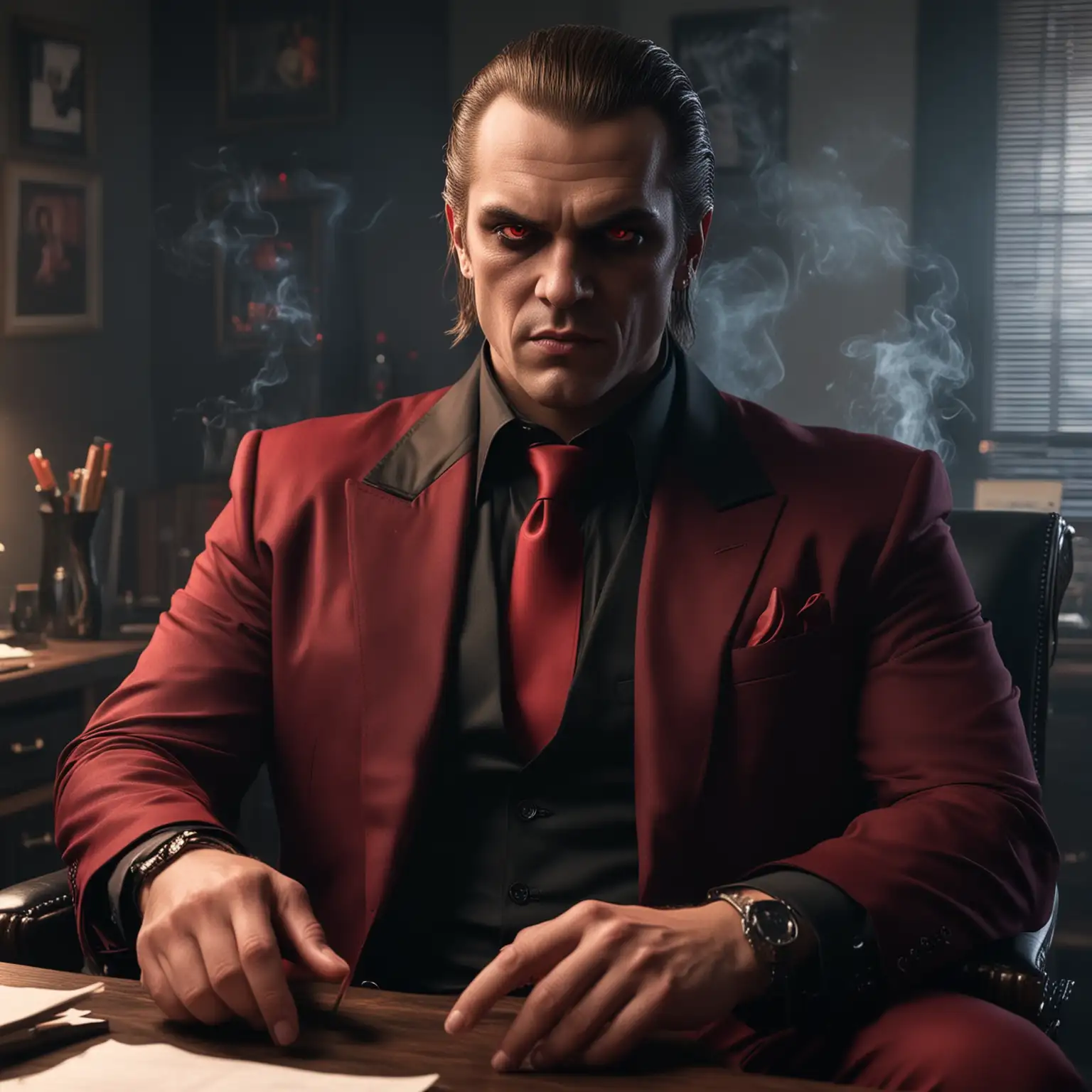 A male Gangrel vampire, mafia boss, red glowing eyes, wearing a deep red suit, black dress shirt, sitting in a dark room with a desk and an office chair, smoking a cigar, overweight, ponytail, smirk on his face, realistic