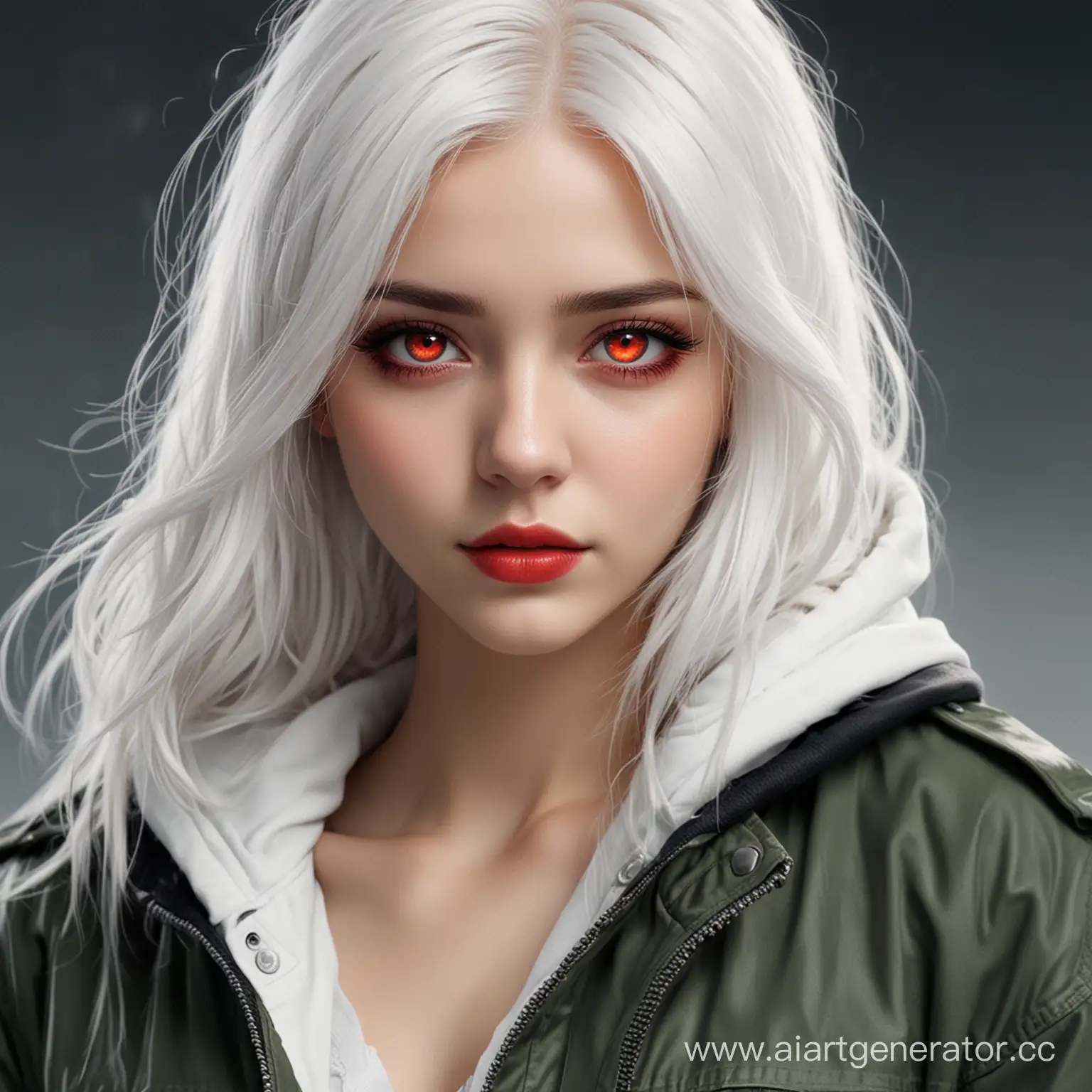 Девушка с красными глазами, белыми волосами и в пиджаке